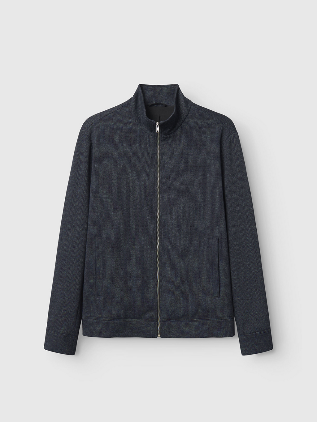 The Gabba Nik Tweed - Navy is a long-sleeve, zip-up jacket with a high collar and hidden side pockets, shown flat on a light background.