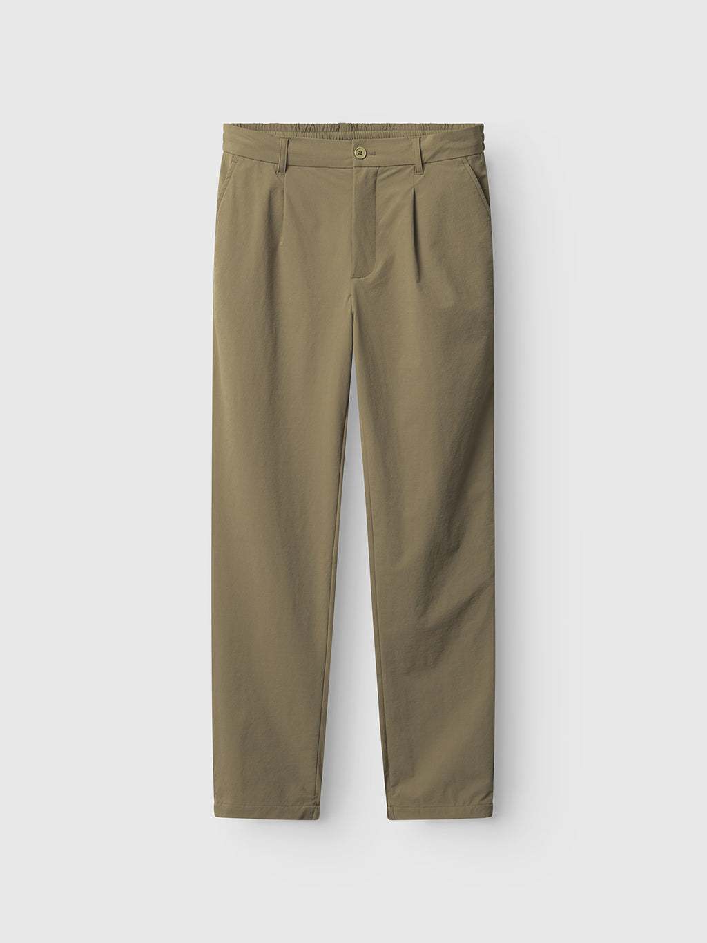 The versatile design of Gabbas Napoli 19 Tech - Army pants is showcased in olive green trousers with pleated front, button closure, and two side pockets, elegantly set against a plain light grey background.