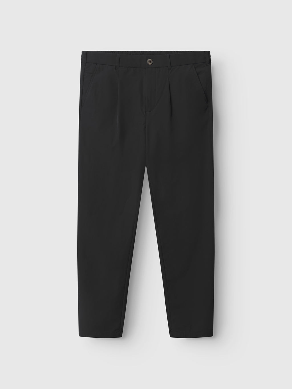 A pair of Napoli 19 Tech - Black pants from Gabba, featuring a button closure, straight cut, two side pockets, and a versatile design for comfort and style, displayed against a plain white background.