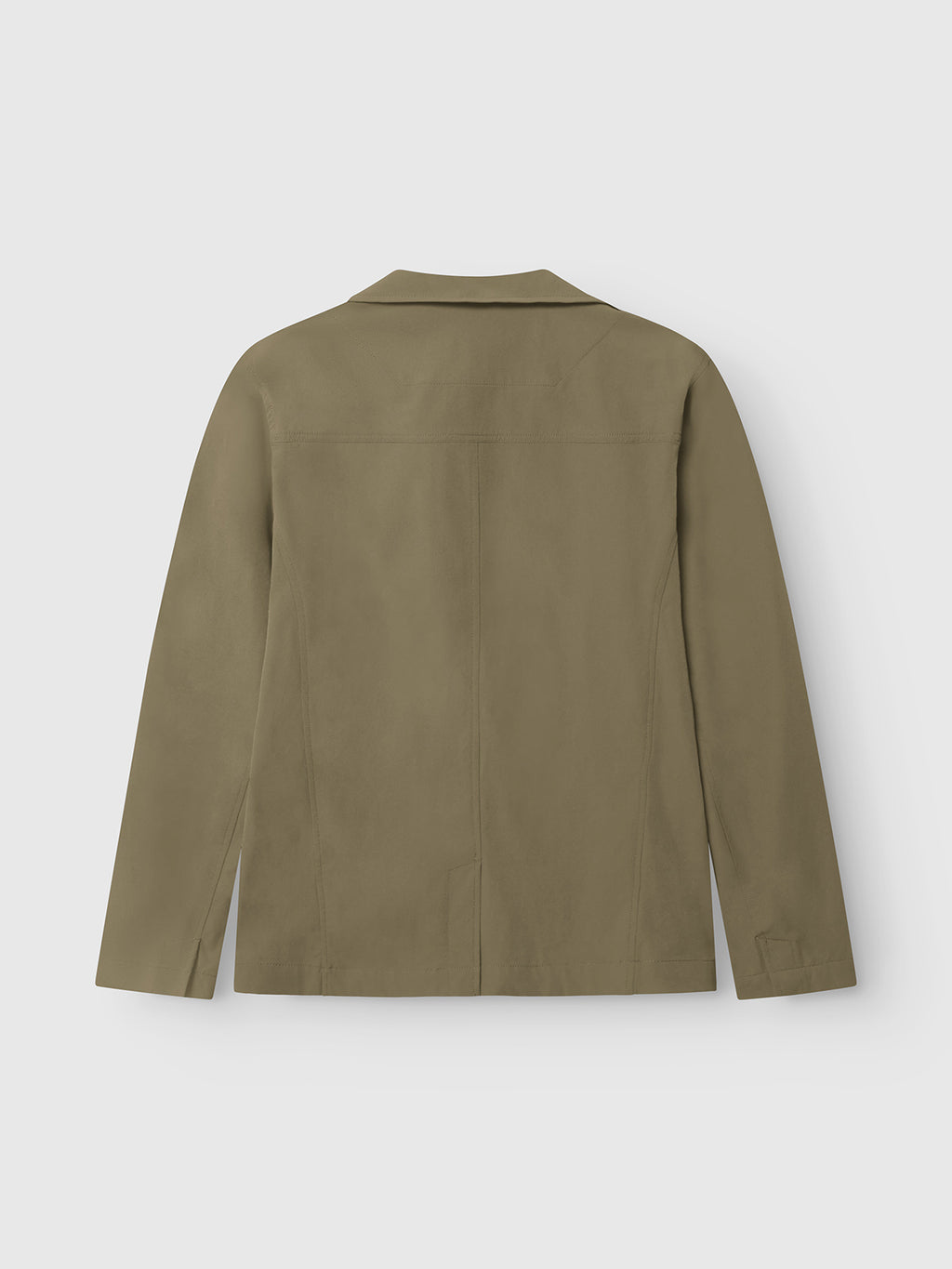 A back view of the Gabba Plaza Tech - Army jacket on a white background, showcasing its sleek tailored fit, long sleeves, notched collar, and spacious pockets.