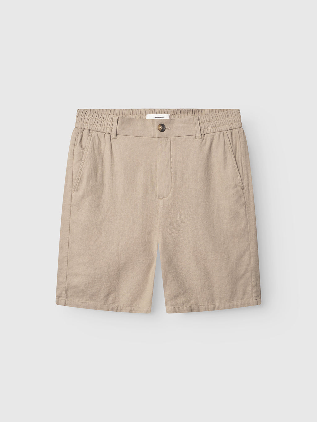The Gabba Alfa Lino - Sand Plaza shorts feature a comfortable elastic waistband and button closure, two front pockets, and are crafted from quality linen for ideal casual wear.