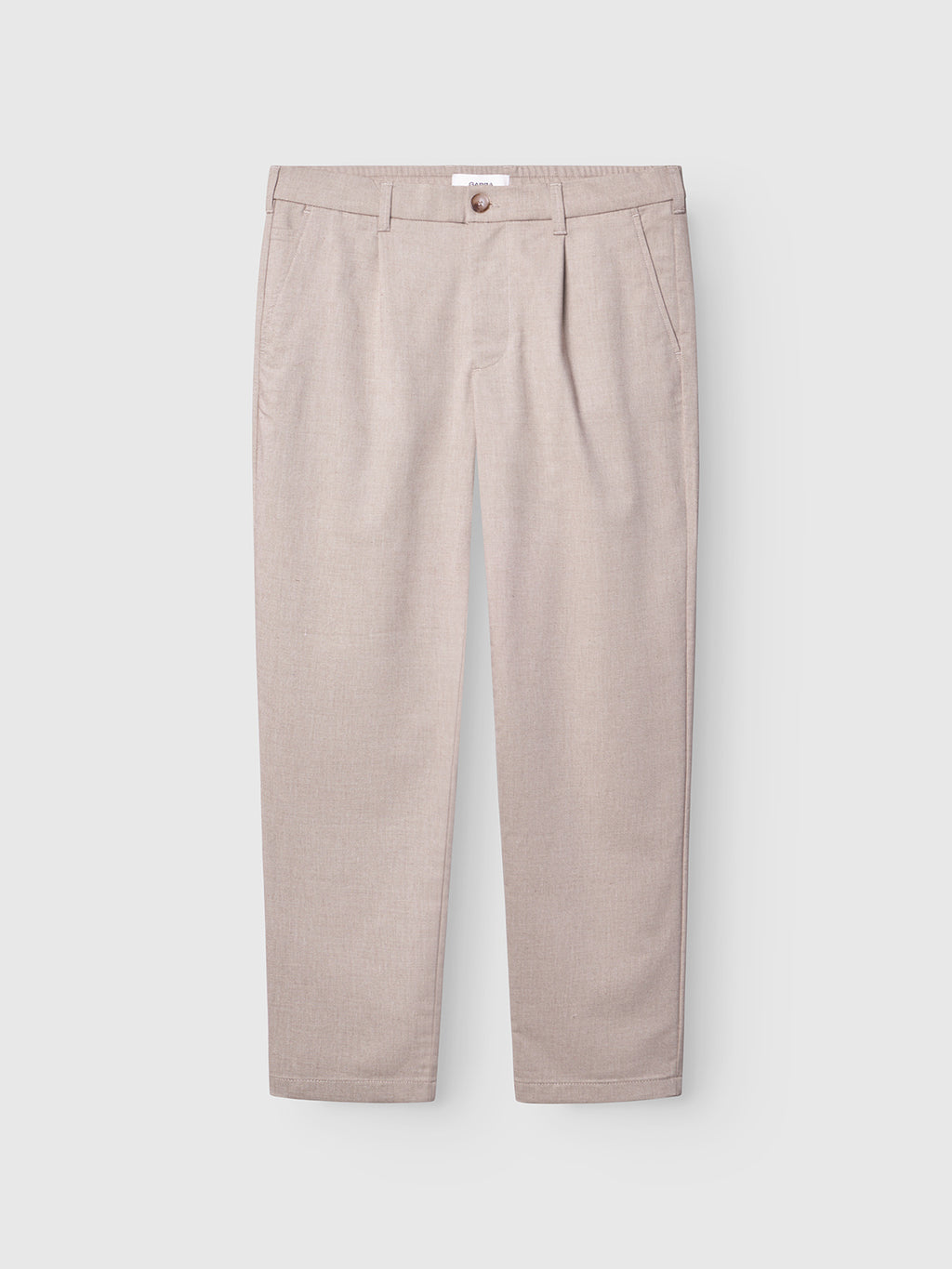 The Gabba Napoli 19 Carre pants in Sand feature classic style with a button and zipper closure, front pleats, and side pockets. Neatly folded on a plain light background, they promise comfort and sophistication to enhance your wardrobe essentials.