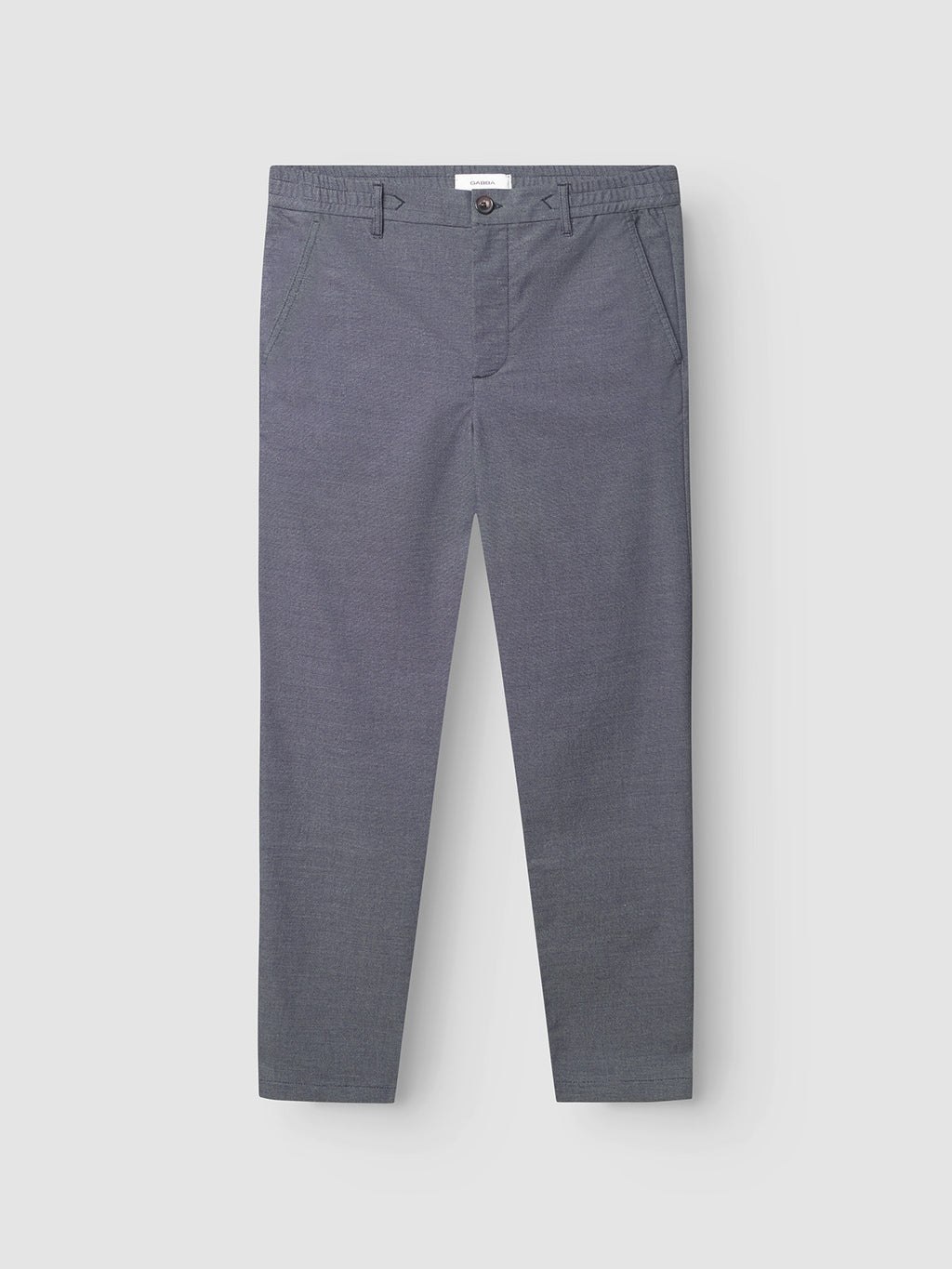Navy Gabba Monza Button Carre trousers are shown against a white background. They include side pockets and a subtle texture, with a clean, minimalist design ideal for both casual and formal occasions.
