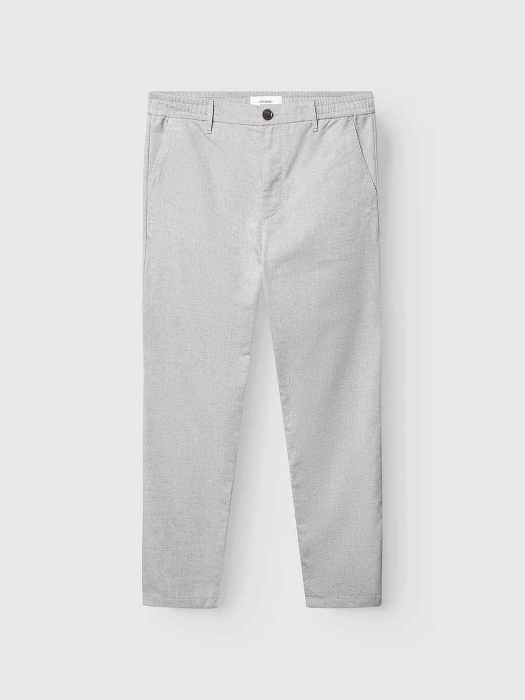 The Gabba Monza Button Carre - Lt. Grey features a relaxed straight fit, side pockets, belt loops, an elastic waist for comfort, and a front button closure, shown against a plain white background.