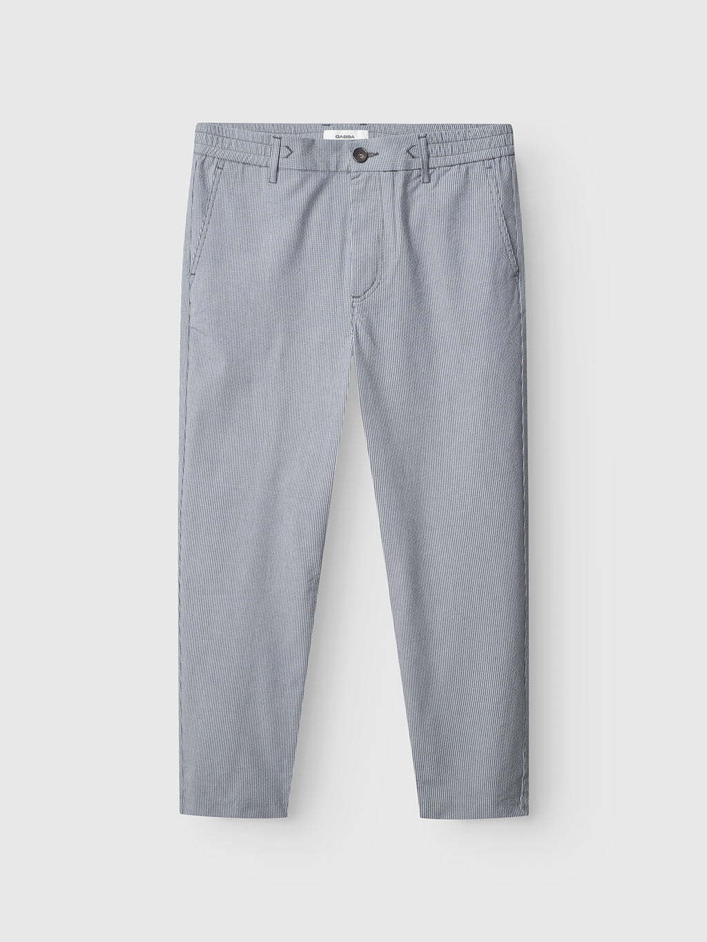 Navy Monza Button Com2 Cropped trousers by Gabba with a straight-leg, classic silhouette, button and zip closure, belt loops, and side pockets—laid flat against a white background for a stylish yet comfortable look.