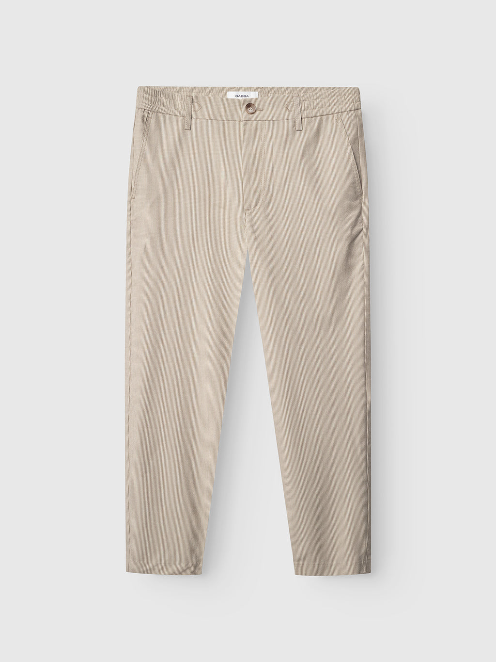 The Gabba Monza Button Com2 Cropped trousers in khaki feature front pockets, button and zipper closure, and belt loops for comfort and style, shown flat against a white background.