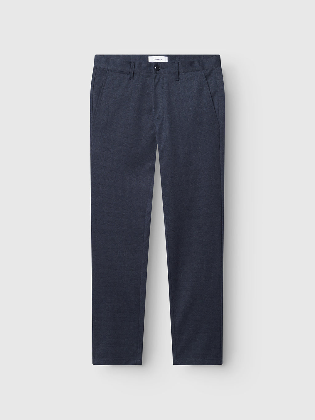 Gabba’s GABpaul Nygo - Navy slim straight trousers offer tailored ease with comfort-stretch fabric, belt loops, side pockets, and a front button-zip closure, displayed against a plain light gray background.