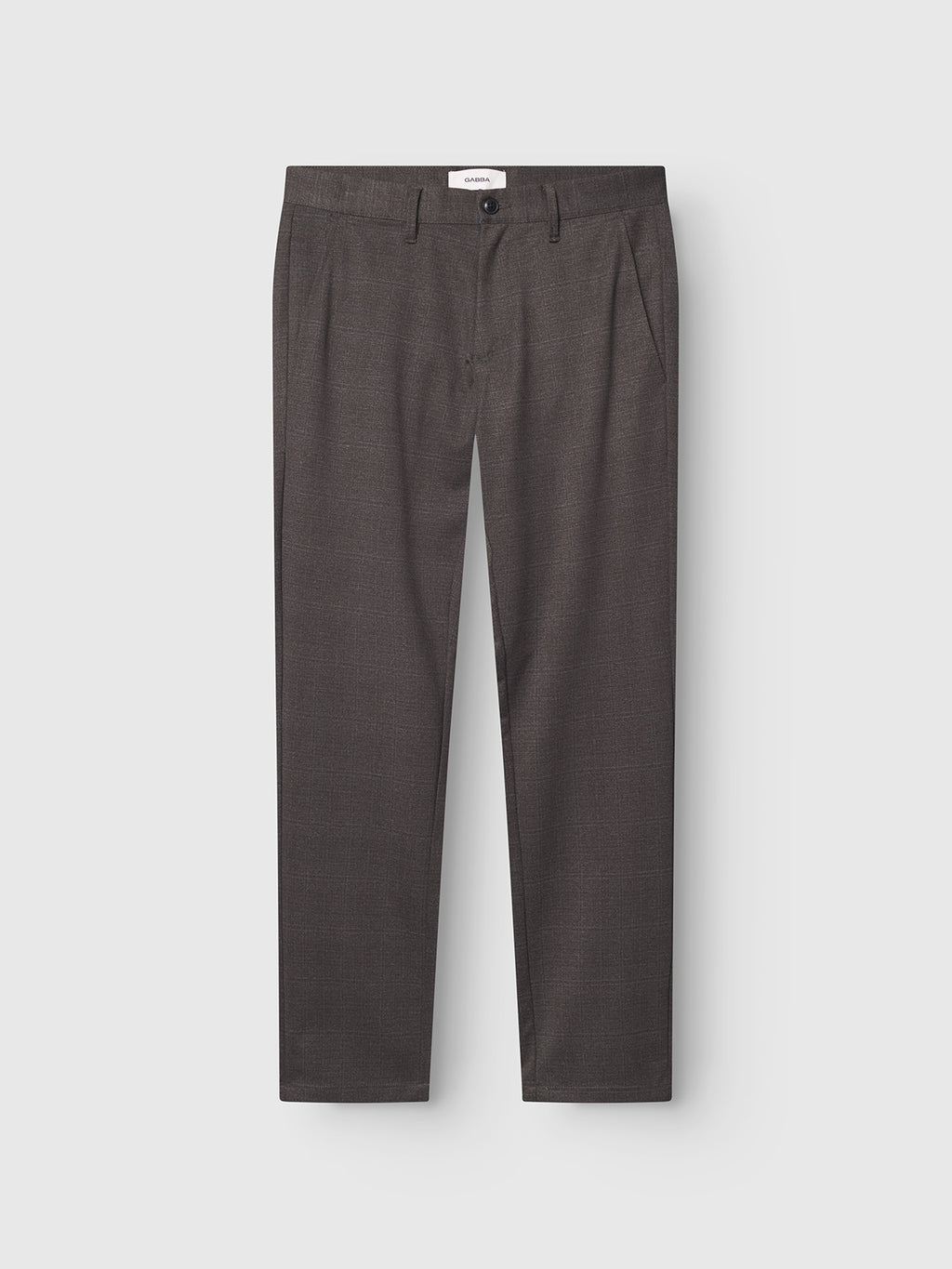 Gabba Paul Nygo dark brown slim straight dress pants with button and zip closure, front pockets, and stretch comfort, shown laid flat on a light gray background.