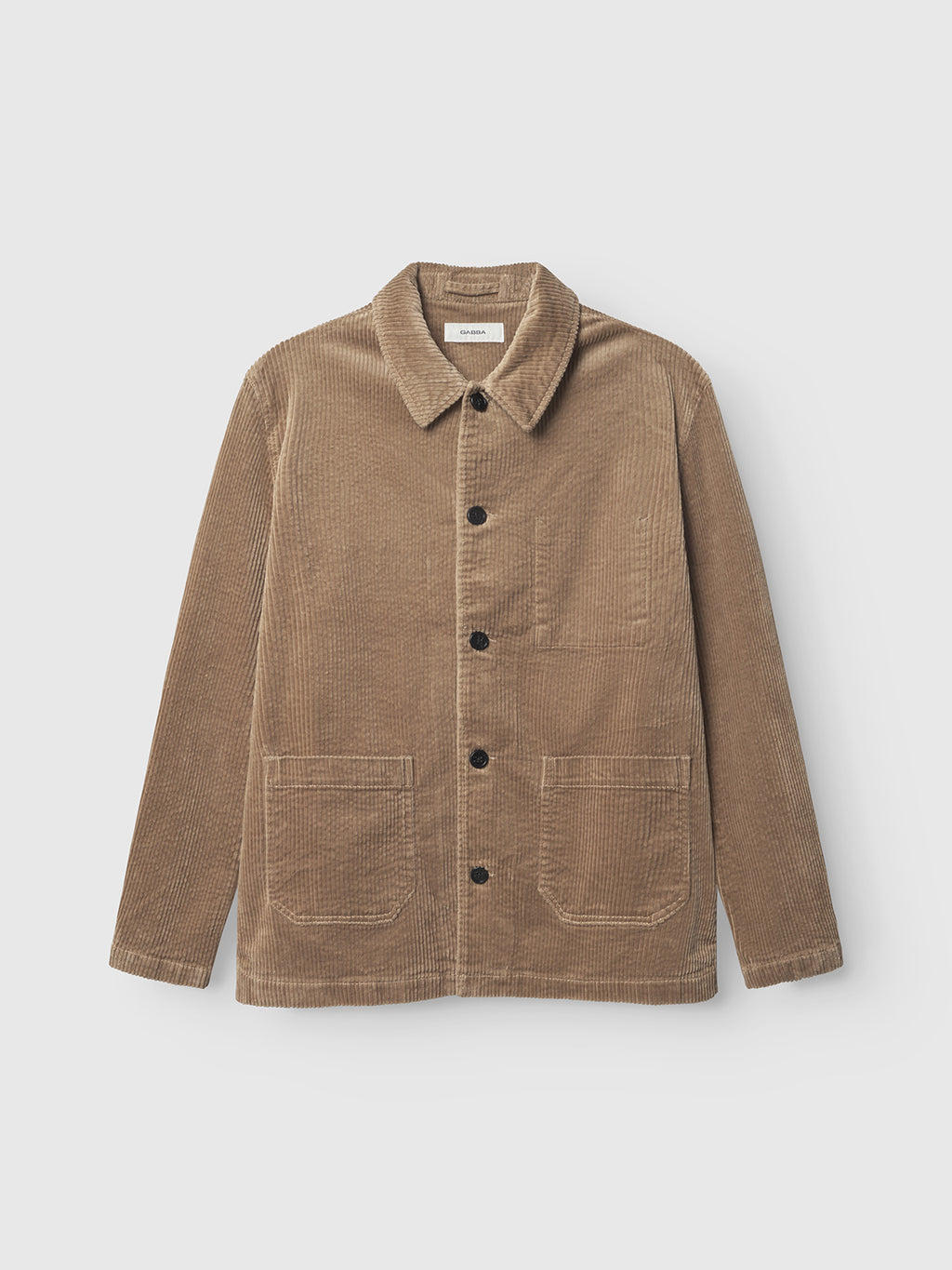Gabba Libre AX Cord - Sand: a light brown brushed stretch corduroy overshirt with collar, button-down front, two large front pockets, and long sleeves, displayed flat on a white background.