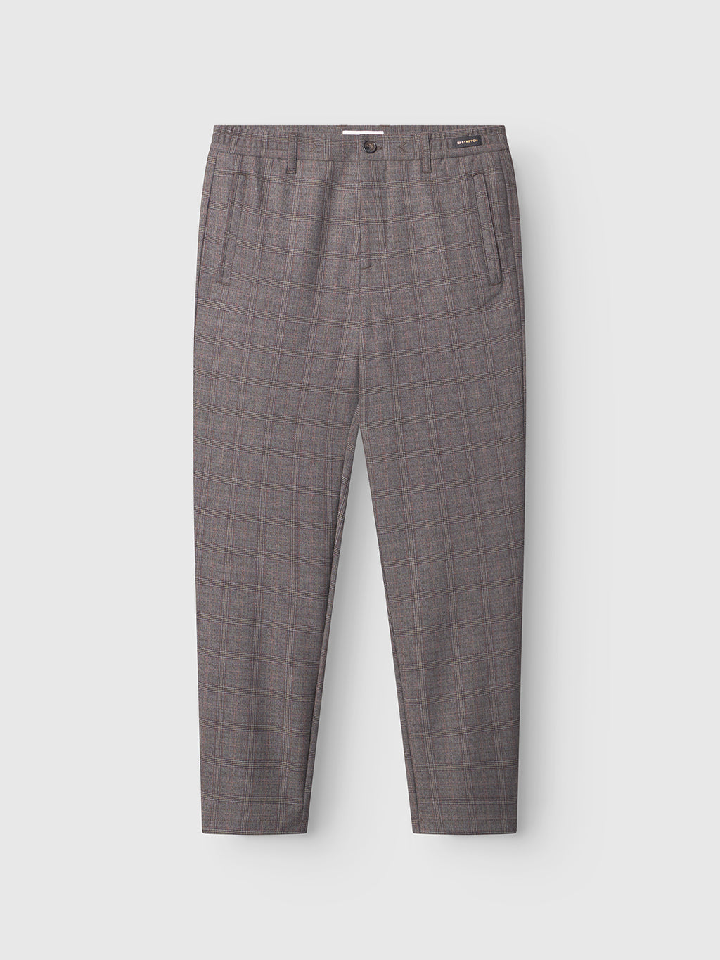 Gabba Monza Tinun - Brown Check tailored trousers in a regular straight fit, made from bi-stretch fabric with a subtle check pattern, front button closure, belt loops, and side pockets, shown flat on a light gray background.