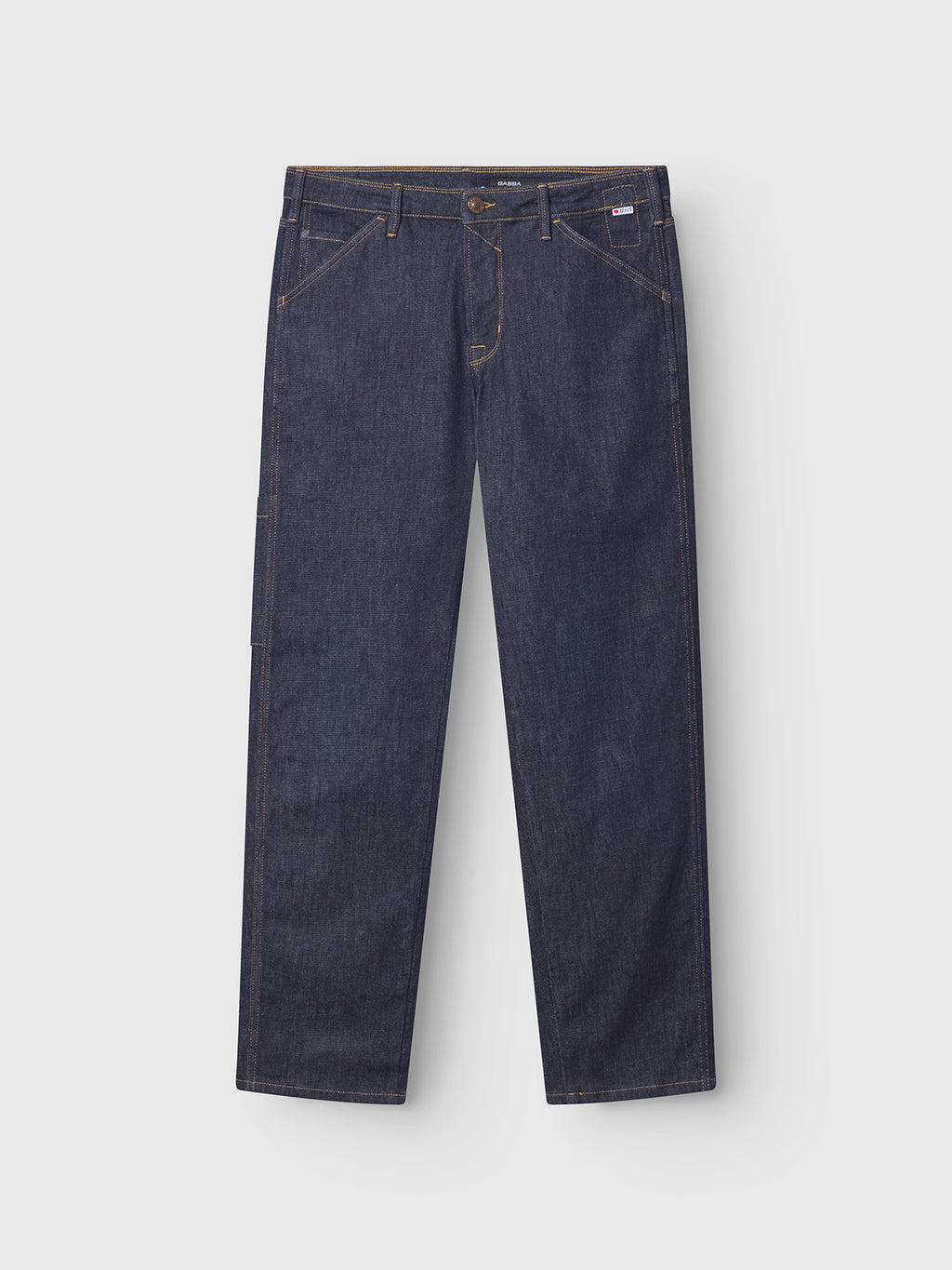 The Gabba Max Work Self jeans feature a loose fit in dark blue denim, with straight legs, contrast stitching, belt loops, front and back pockets plus a side utility pocket, shown flat on a light gray background for classic workwear style.