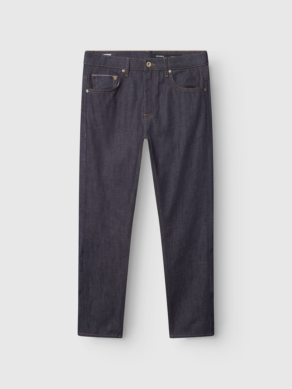 The Marc Tana - Dark Blue Denim jeans by Gabba feature a straight-leg cut, selvedge denim, classic five-pocket styling, copper rivets, and a button closure, shown flat against a light background.