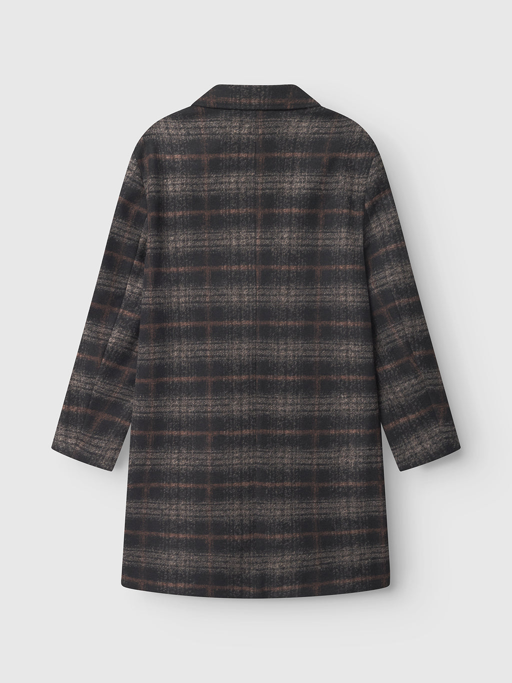 The Gabba Leeds Cast - Multi Check is a long-sleeved, knee-length coat with an oversized silhouette and a dark brown and black check pattern, shown from the back against a plain light background.