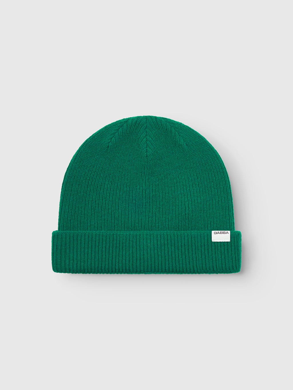 The Gabba Biella Aico - Green beanie features a ribbed knit texture, folded cuff, and a small white rectangular label, shown on a plain light gray background.