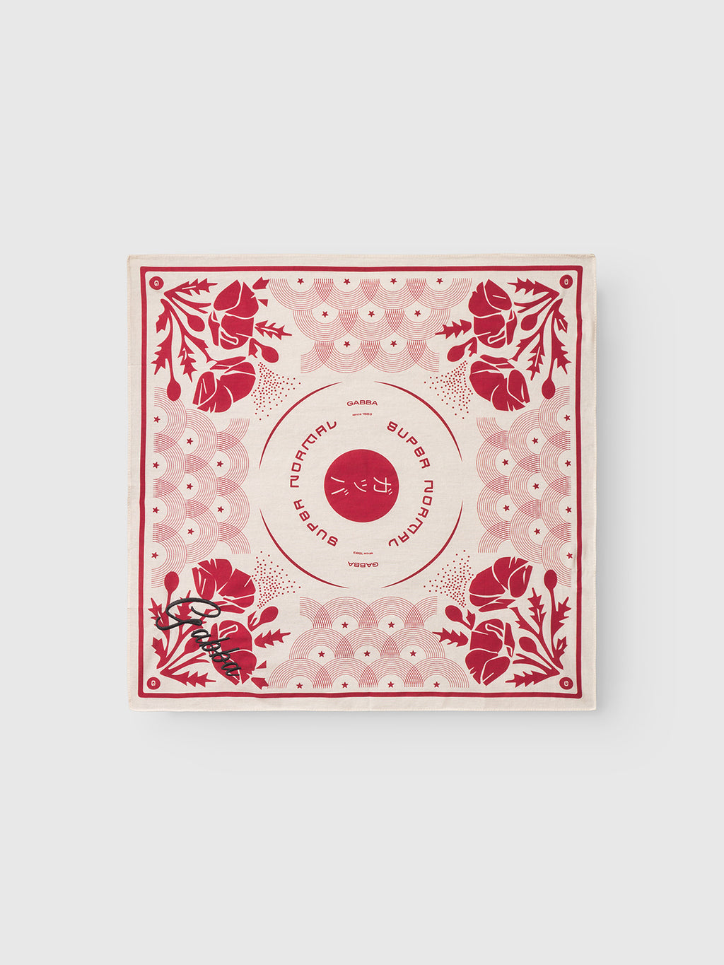 The Gabba Bandana Waves - Multi Pattern features a red floral and geometric Japan-inspired print on cream, scalloped edges, and central circular SUSAN MORGAN text with leaves and flowers.