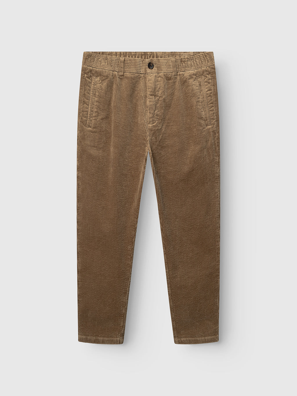 The Monza Ibre - Sand trousers by Gabba feature an elastic waistband, button and zip fly, plus front and back pockets. Made from comfort stretch fabric, they’re shown flat on a light gray background for a casual yet refined look.
