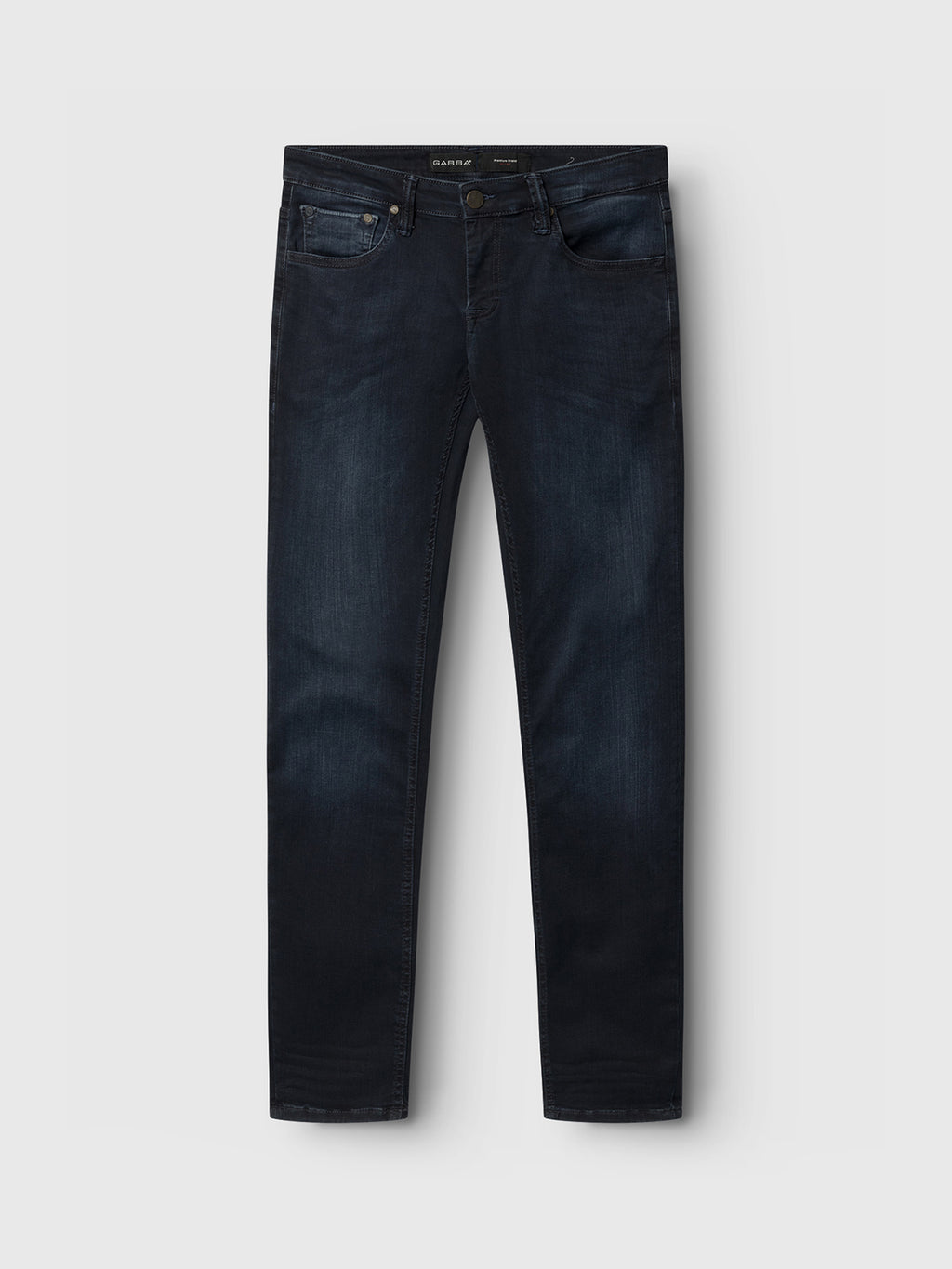 Jones K2291 from GABBA features dark blue slim silhouette jeans made from super-stretch fabric with front and reinforced back pockets, belt loops, and a button closure, displayed flat on a light gray background.