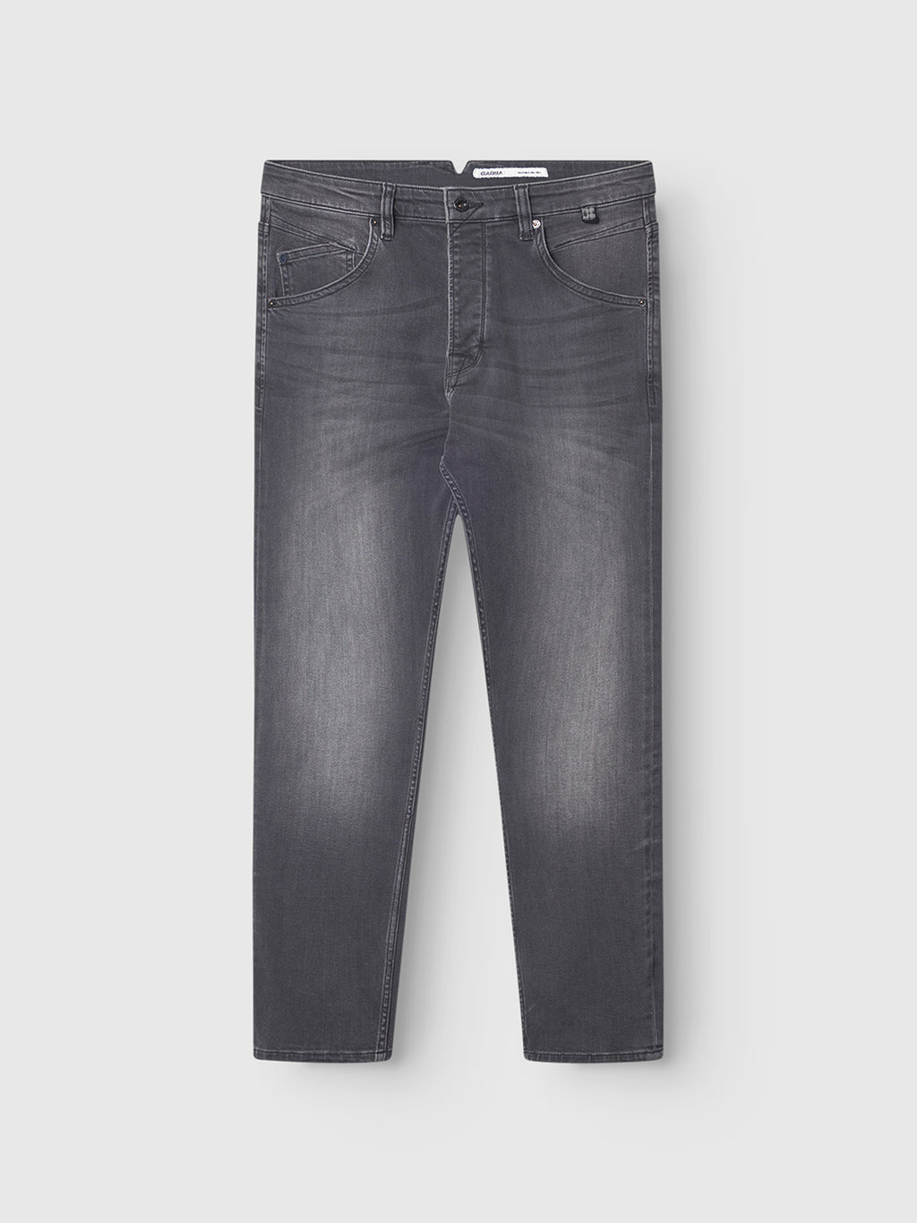 The GABBA Alex Thor Cropped Jeans in a denim wash feature a straight-leg, mid-rise fit with a faded grey look, large back pockets, and classic five-pocket design, laid flat on a white background.
