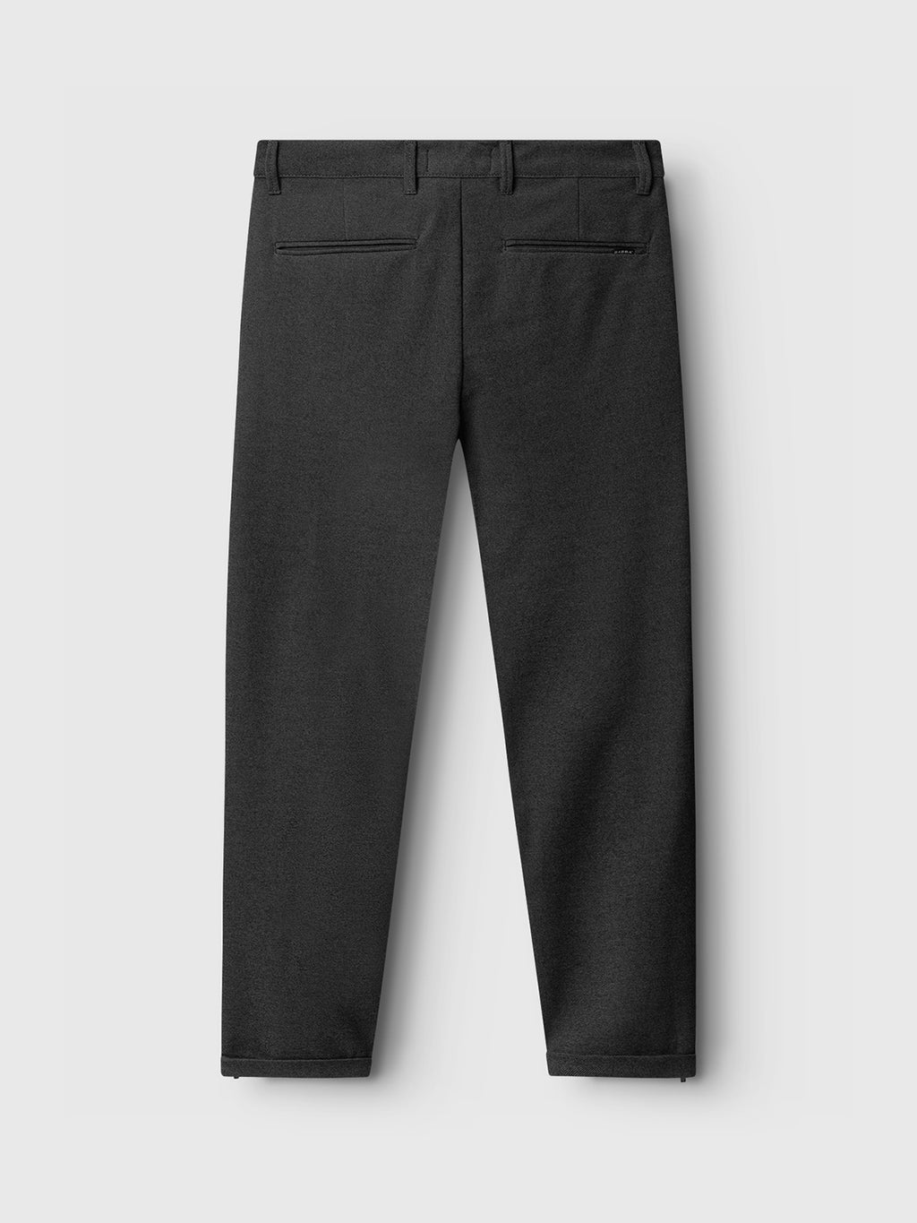 Rear view of the Pisa Jersey Pant - Grey Mel by GABBA on a light gray background. Made from high-stretch fabric, these trousers boast two sleek back pockets and offer a metro look with a clean, straight-leg fit.