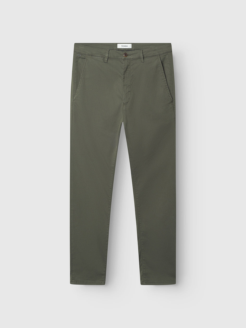 The GABBA Paul K3280 Dale Chino in Army is a pair of olive green straight-leg chinos with French pockets, belt loops, and a branded button closure, displayed flat on a white background.