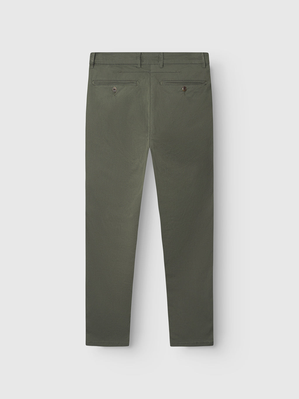 The Paul K3280 Dale Chino in Army by GABBA is shown from the back, displaying two buttoned welt pockets and belt loops, laid flat on a light gray background for a modern look.