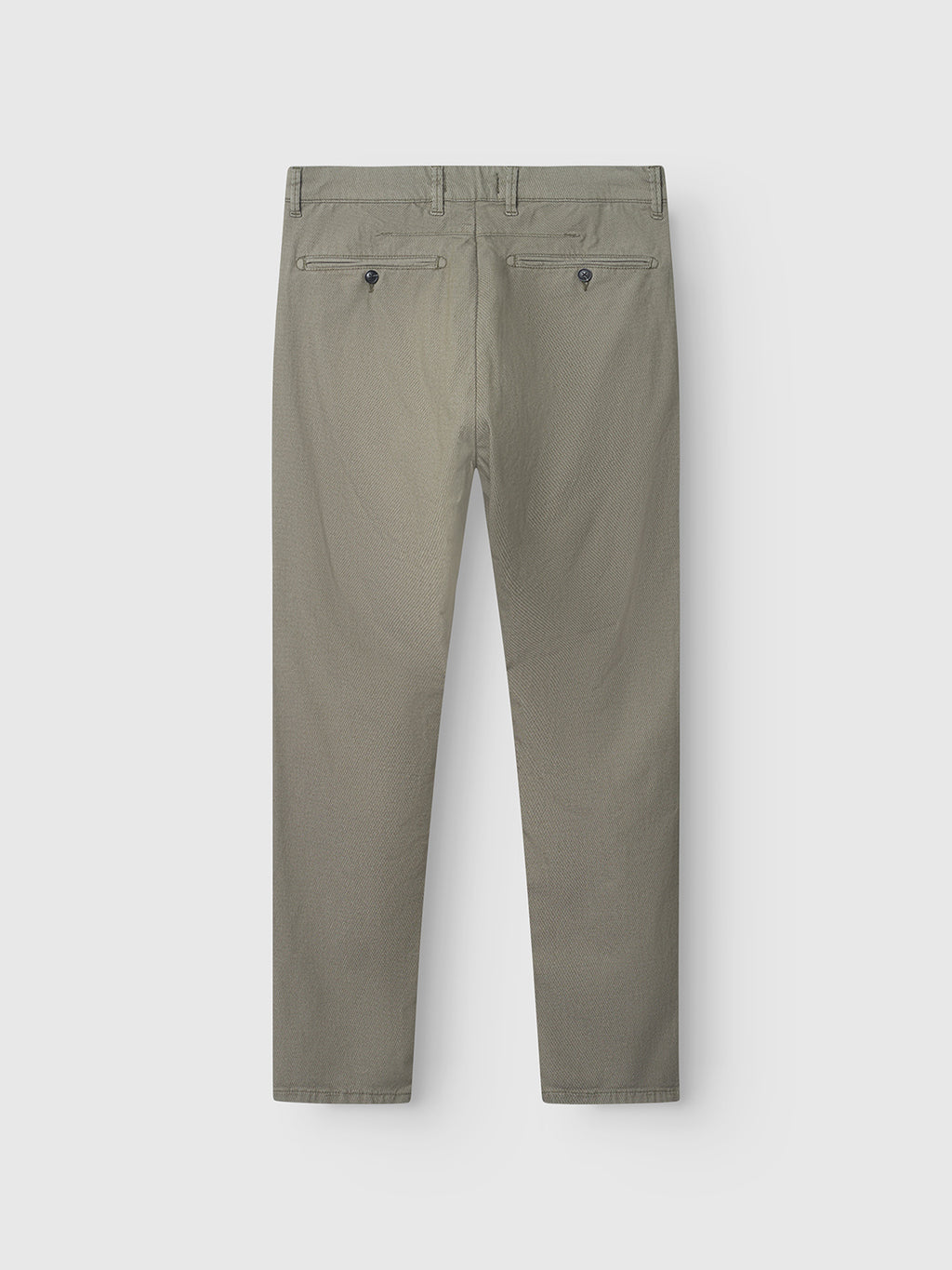 Back view of Gabba Paul K3280 Dale Chino pants in olive green, with a slim straight-leg cut, two buttoned welt pockets, French pockets, and belt loops at the waistband; shown on a plain white background.