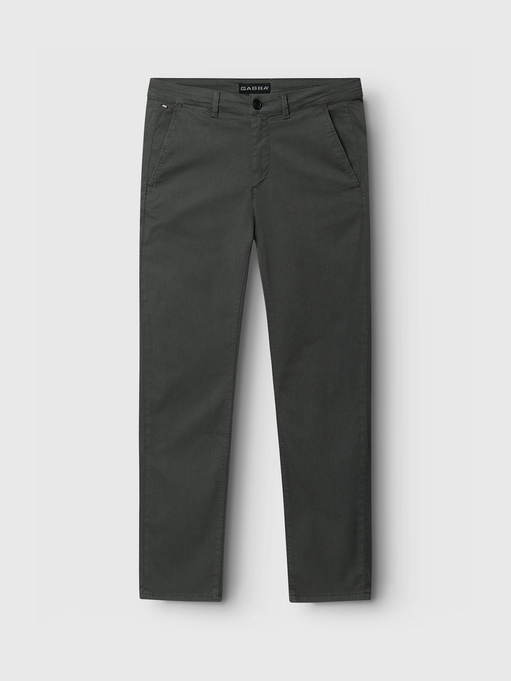 The Paul K3280 Dale Chino by GABBA in dark green lays flat on a light gray background, showcasing French pockets, branded buttons, and belt loops for sophistication.