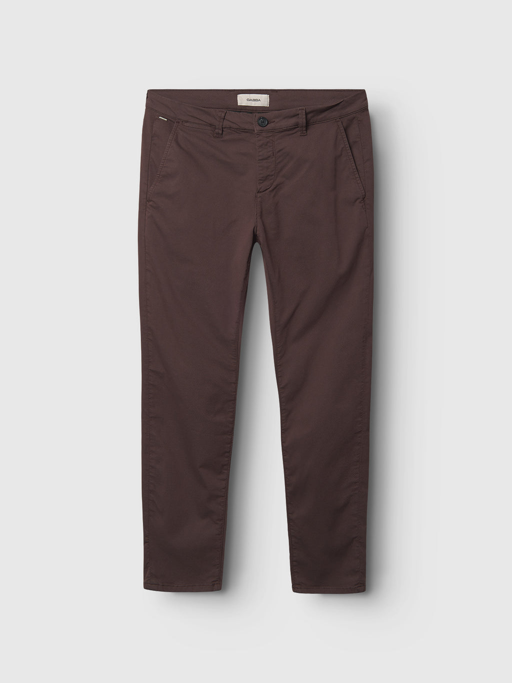 The Gabba Paul K3280 Dale Chino in Burnt Purple is displayed against a light gray background, featuring French pockets, a front button and zipper, and stylish branded buttons for added sophistication.