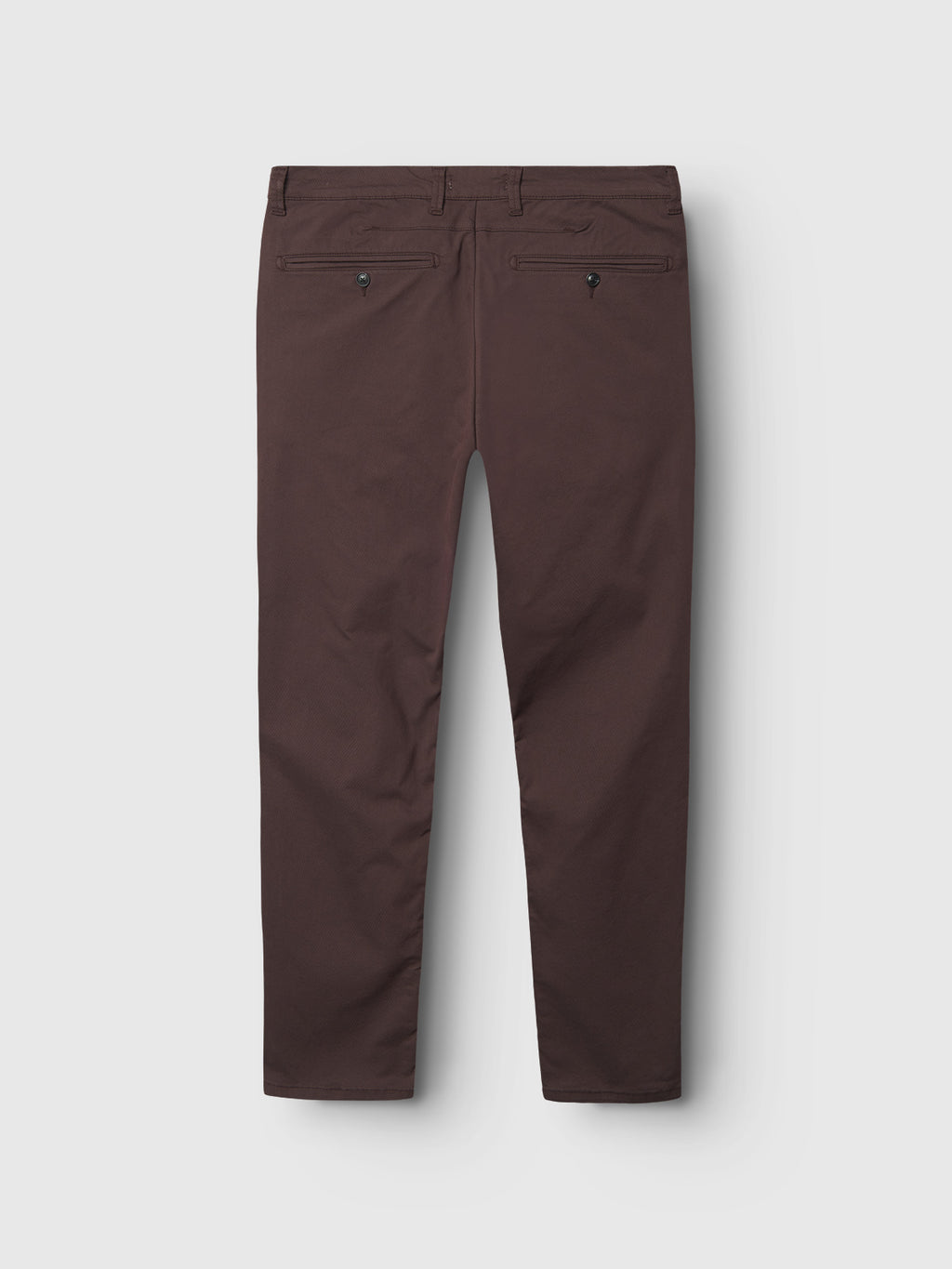 The Paul K3280 Dale Chino in Burnt Purple from Gabba is displayed from the back against a light gray background, featuring straight legs and two buttoned French pockets, enhanced by stylish branded buttons.