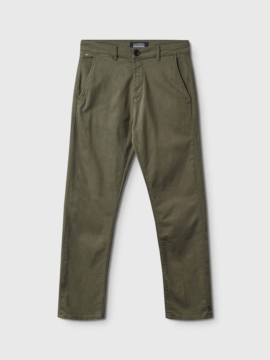 The Gabba Paul K3280 Dale Chino in Deep Lichen Green offers a relaxed casual design with a classic style flair. It features front button and zip closure, angled French pockets, and two back pockets, displayed on a white background.
