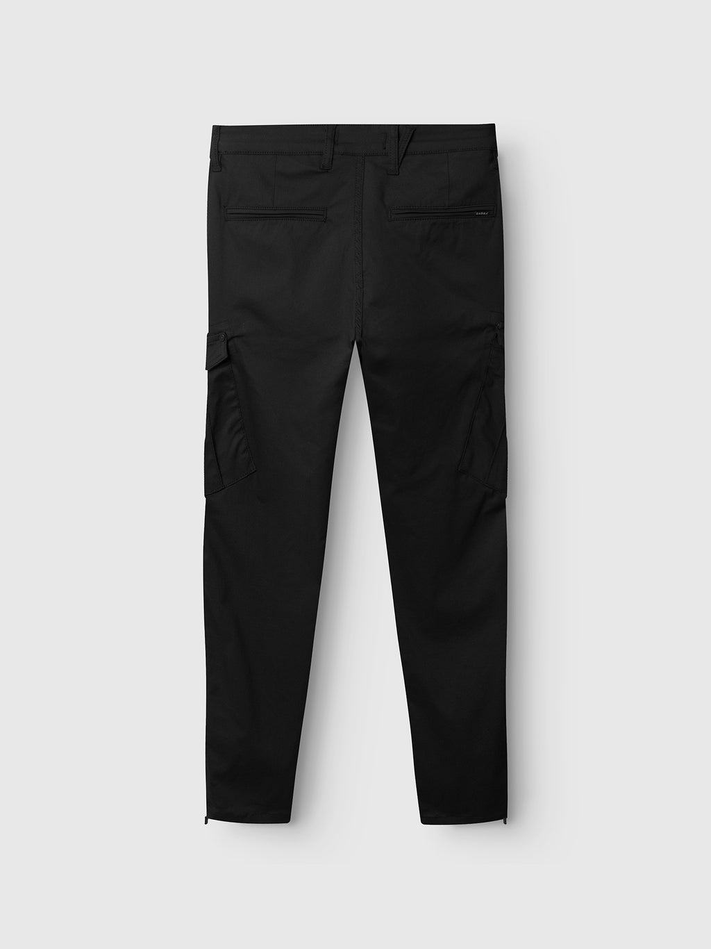 The GABBA Pisa Cargo K3280 Dale Pants in black are shown from the back, featuring two flap side cargo pockets and two welt waistband pockets. These slim tapered fit pants are set against a plain, light gray background.