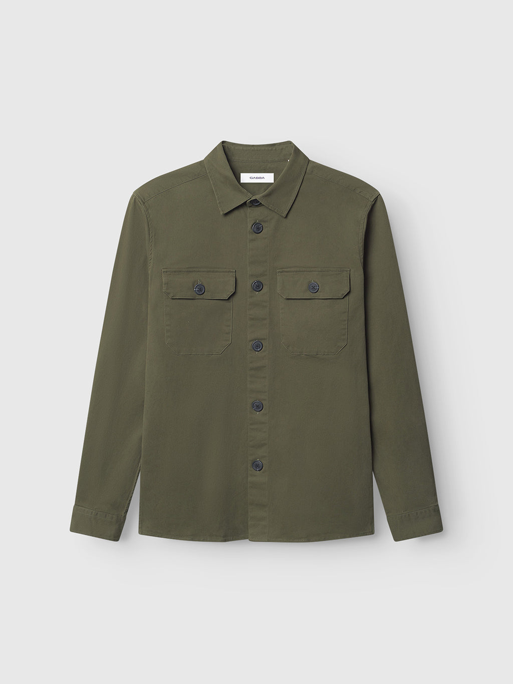 The GABBA Topper LS Shirt - Army is an olive green long-sleeve overshirt with chest pockets, each with a buttoned flap, and a front button closure, displayed flat on a white background.