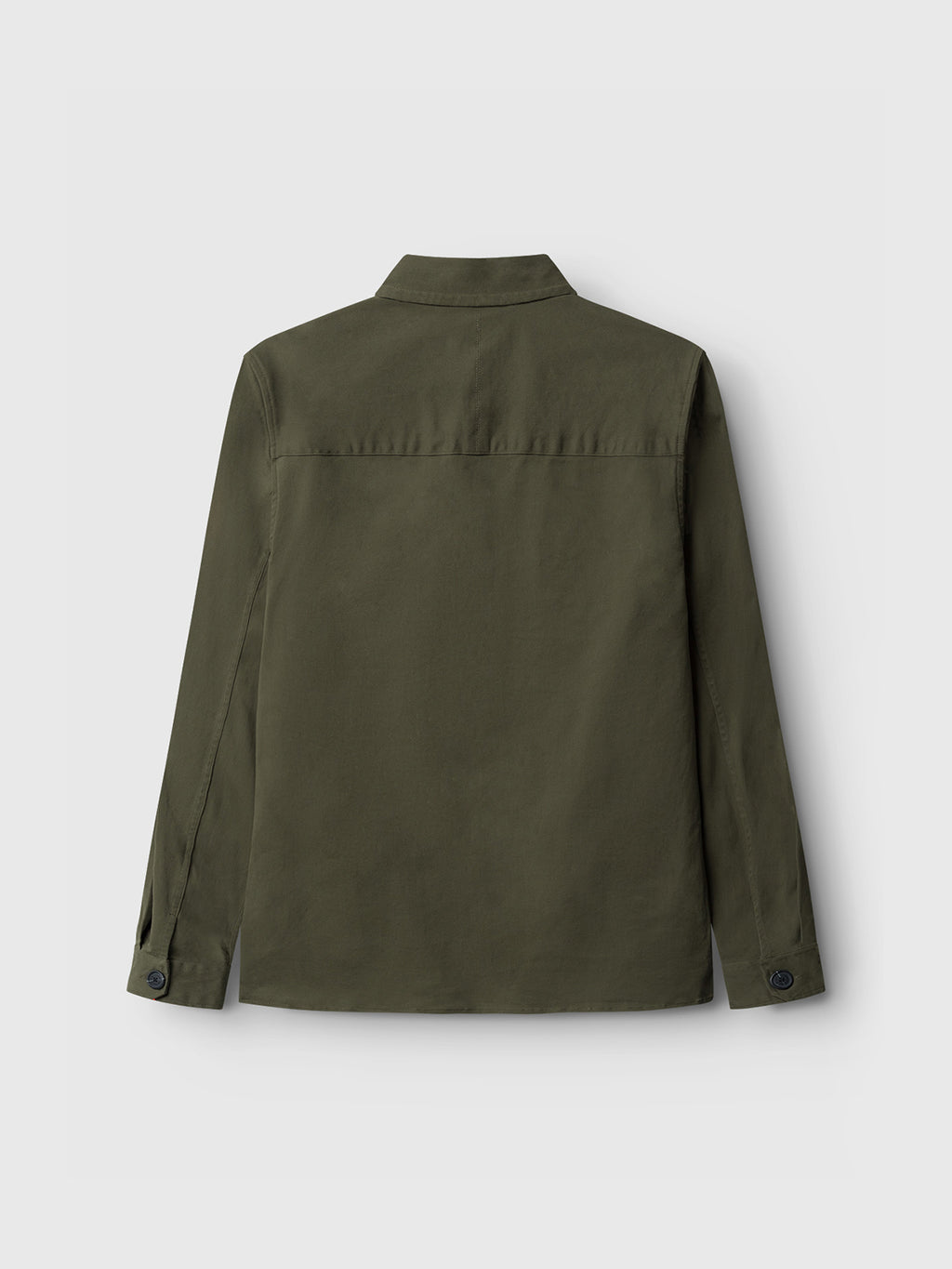 The Topper LS Shirt - Army by GABBA is a long-sleeved, dark green button-up with a collar, button closure, chest pockets, and buttoned cuffs. Displayed from the back against a plain light gray background.