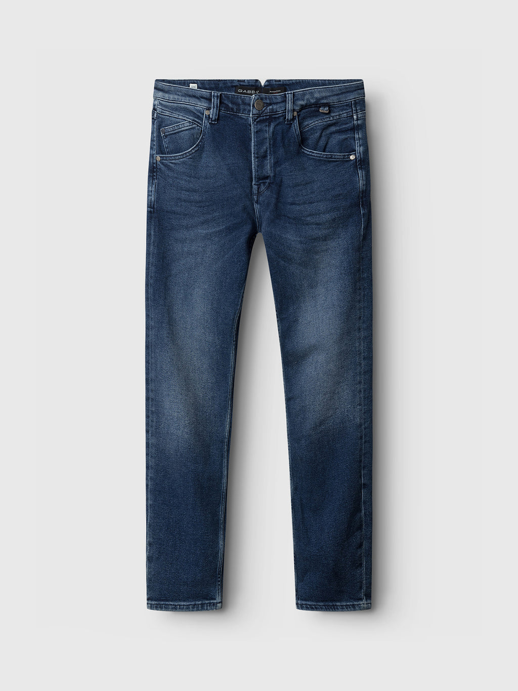 The Alex K3868 Jeans by GABBA feature a dark blue denim wash with a classic five-pocket design and slight fading on the thighs and knees. A worker-cut waistband adds comfort, all set against a plain light gray background for a casual style.