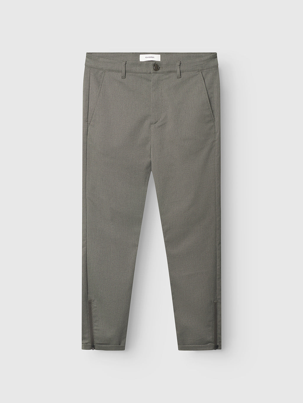 The Gabba Pisa Domo Pants - SS25Army feature a metro style in gray, with button and zip closure, front slant pockets, and straight legs, shown laid flat against a light background.