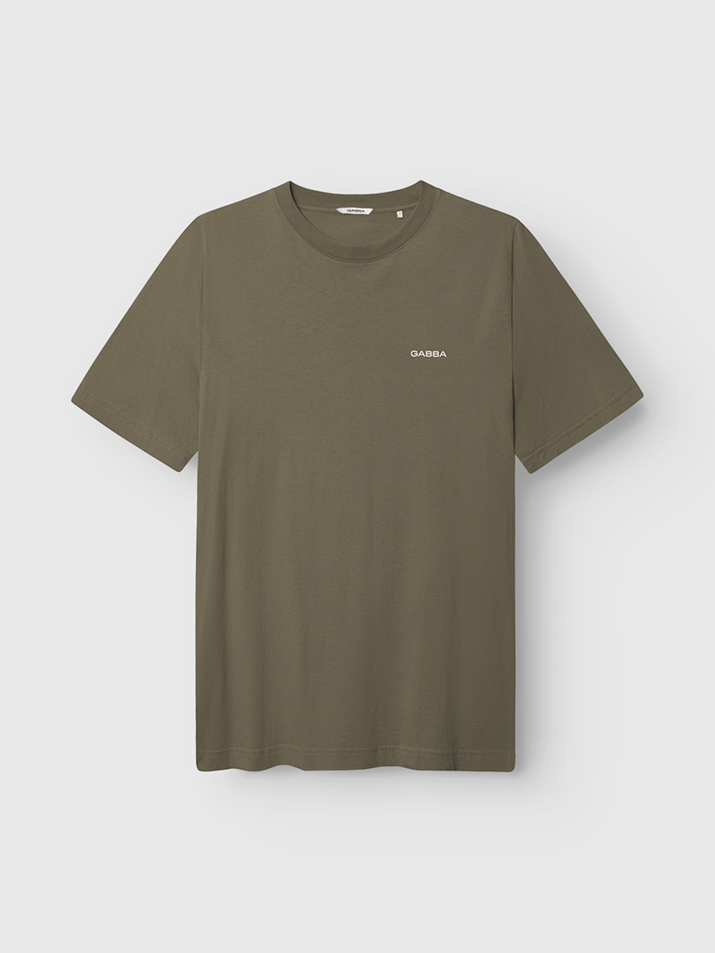 The Gabba Dune Logo SS GOTS t-shirt in Deep Lichen Green features short sleeves, a crew neck, soft organic cotton, and a small white Gabba logo on the left chest, shown against a plain light gray background.