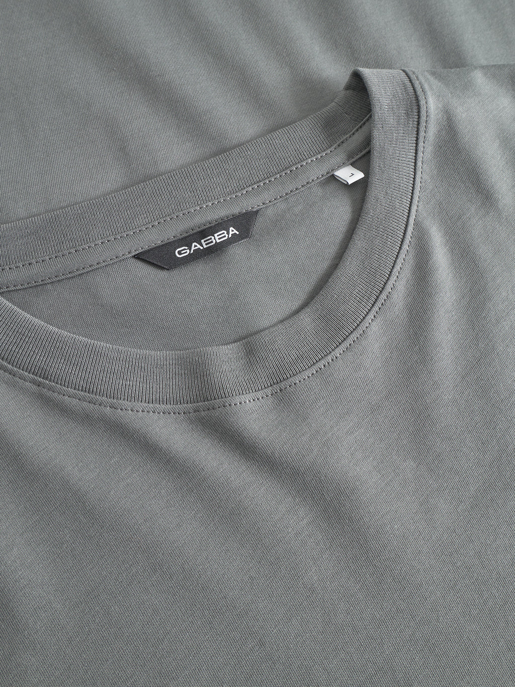 A close-up of the Gabba Dune Logo SS GOTS t-shirt in Dust Sage Green, featuring a visible brand label inside the collar, laid flat on another gray fabric.