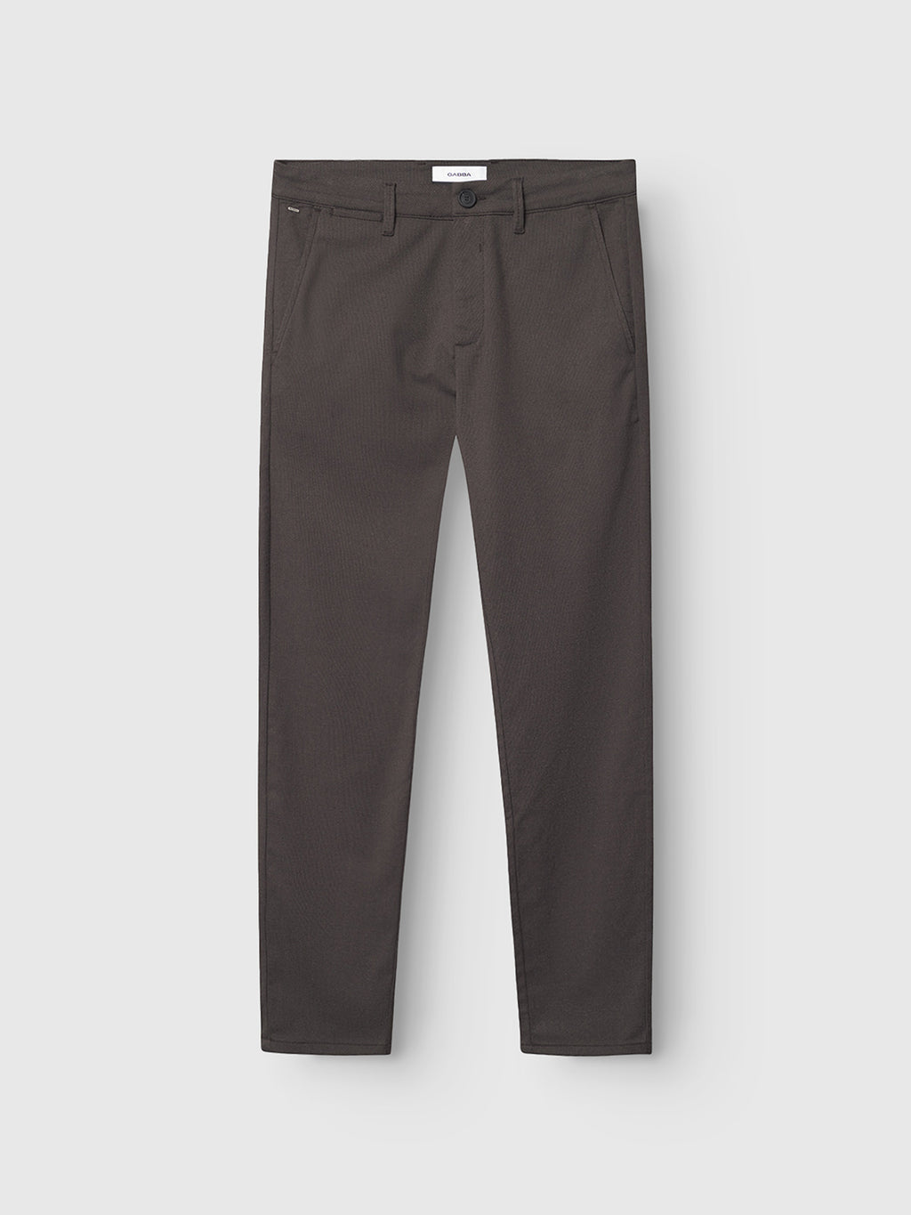Gabba Paul Domo slim-fit dress pants in dark brown, featuring French pockets, branded buttons, and belt loops, shown against a plain light gray background.