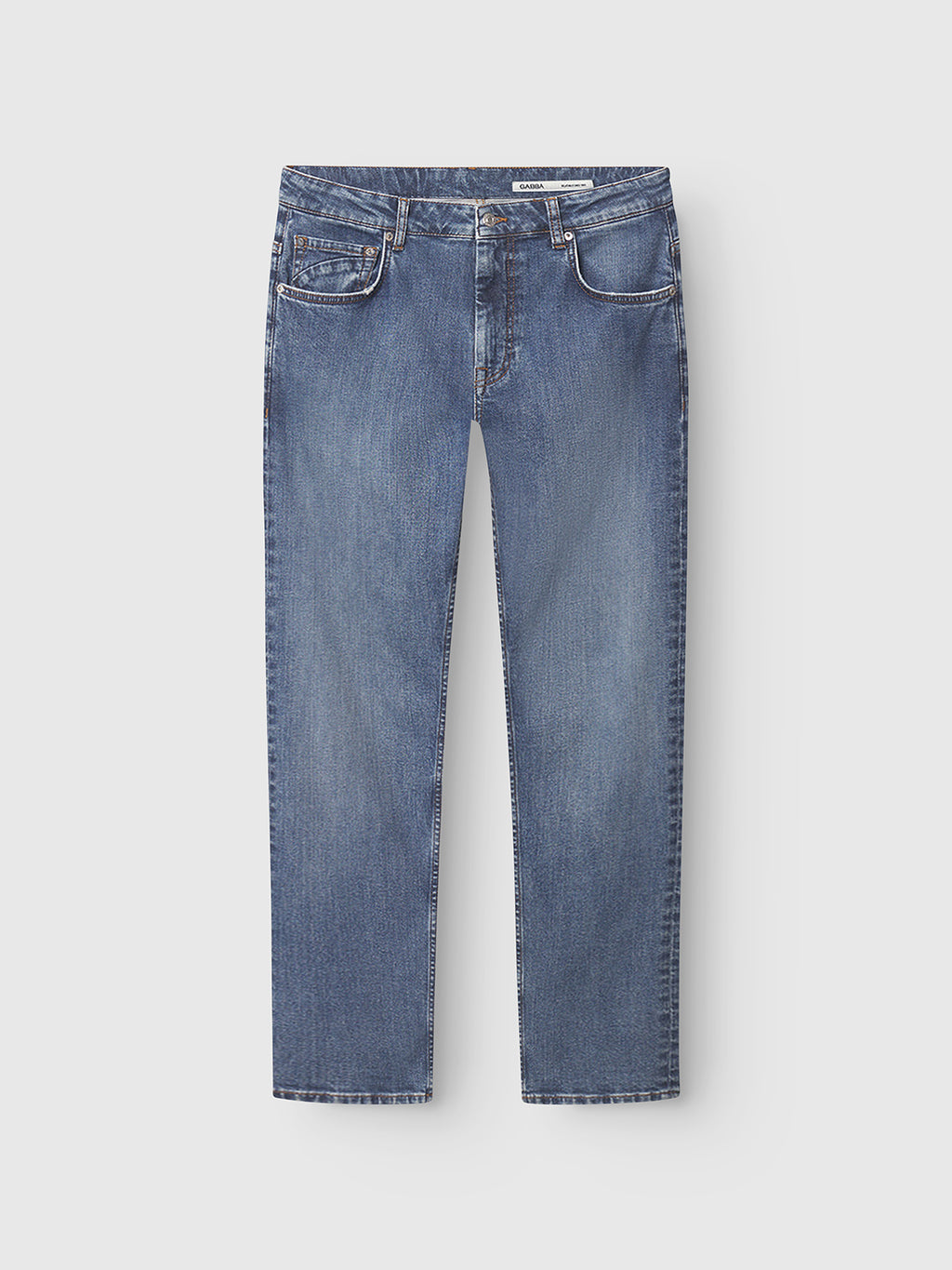 Gabba GABmarc F1010 dark blue denim jeans with a regular fit, straight-leg cut, five pockets, and subtle front fading, shown laid flat on a white background.