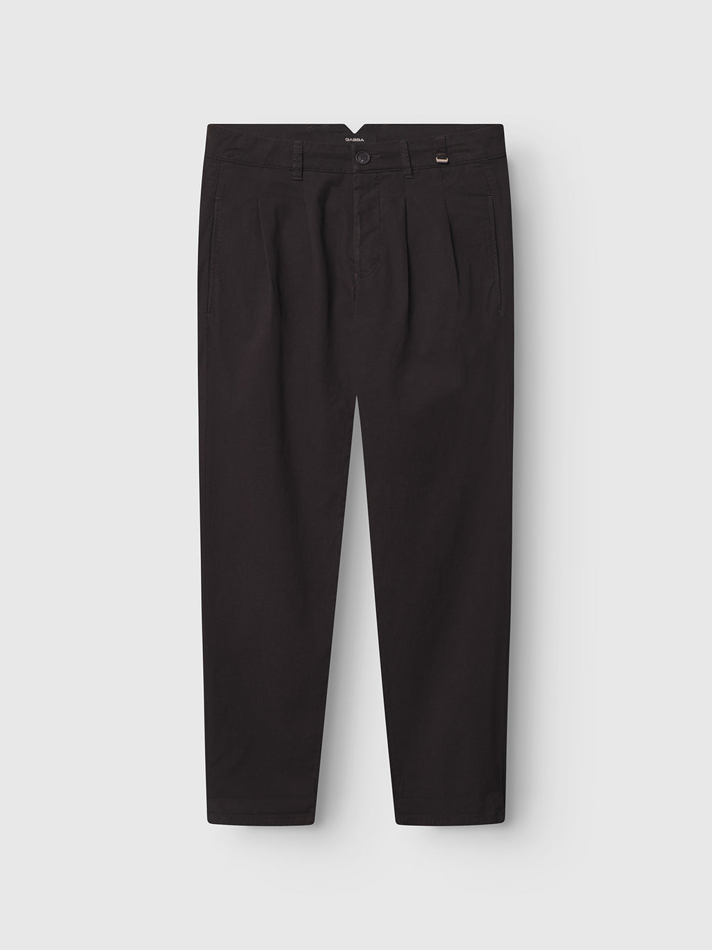 Gabba Firenze Lubo - Black pleated chinos feature a button and zipper closure, worker cut waistbands, belt loops, side pockets, and a relaxed tapered fit, shown laid flat on a white background.