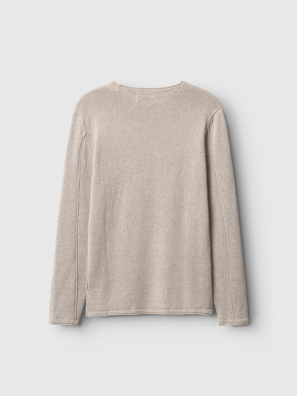 The Gabba Lima Port - Sand Greige sweater is shown from the back on a light gray background. This long-sleeve knit features a minimal design, visible seams, and a straight hem, crafted from soft cotton in classic Gabba style.