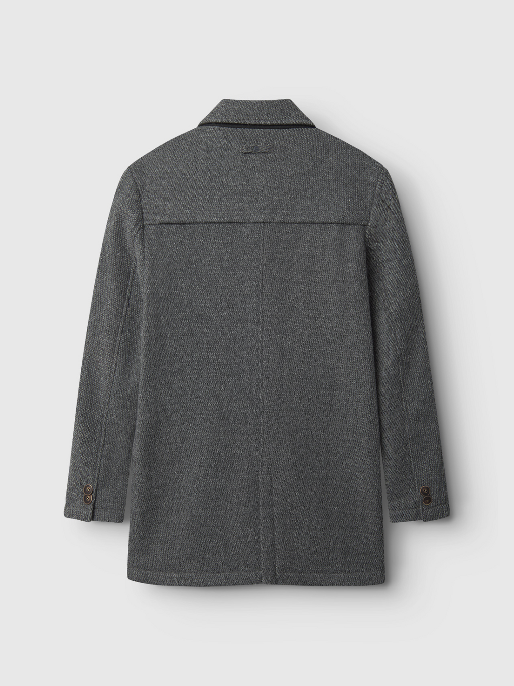 The Ashton Diag - Grey Mel by Gabba is a gray, long-sleeve wool blend coat with a straight cut, single upper back seam, brown button sleeve details, and signature Gabba rivets for a unique finish.
