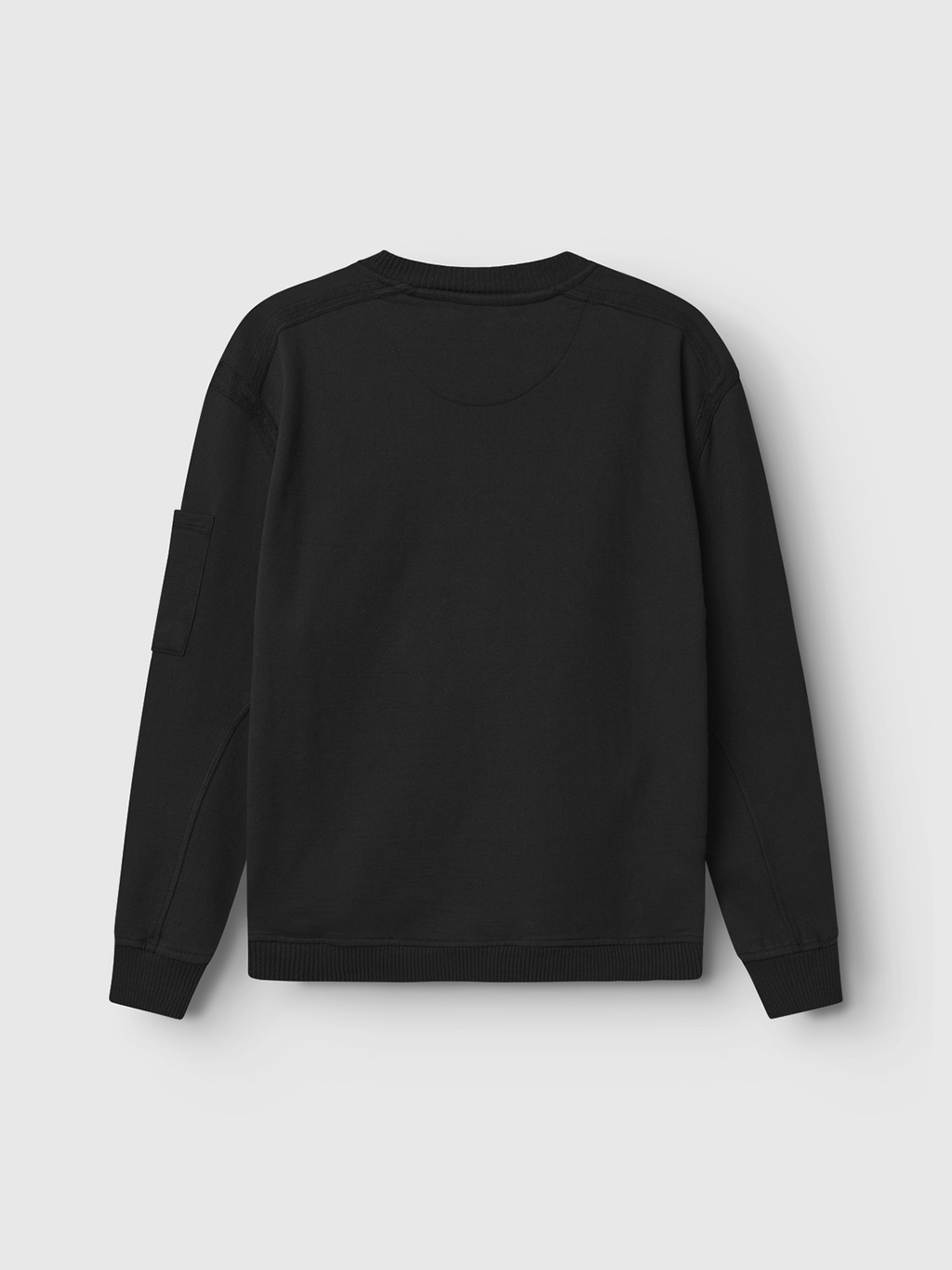 The Gabba Giorgio Cy LS - Meteorite is a minimalist black long-sleeve sweatshirt crafted from cozy boiled wool, featuring a round neckline, sleeve pocket, and ribbed cuffs and hem, viewed from the back against a light grey background.