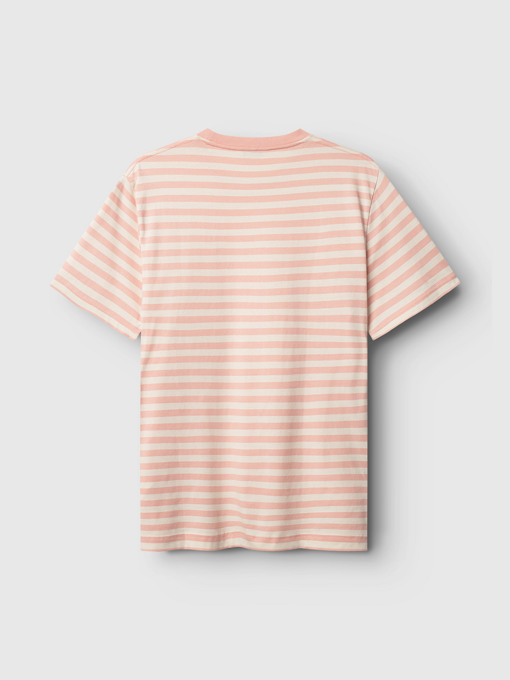 The Gabba Dune Logo Stripes SS GOTS - Rose Stripes, a light pink and white short-sleeve t-shirt made from GOTS-certified organic cotton, is shown from the back against a plain white background.