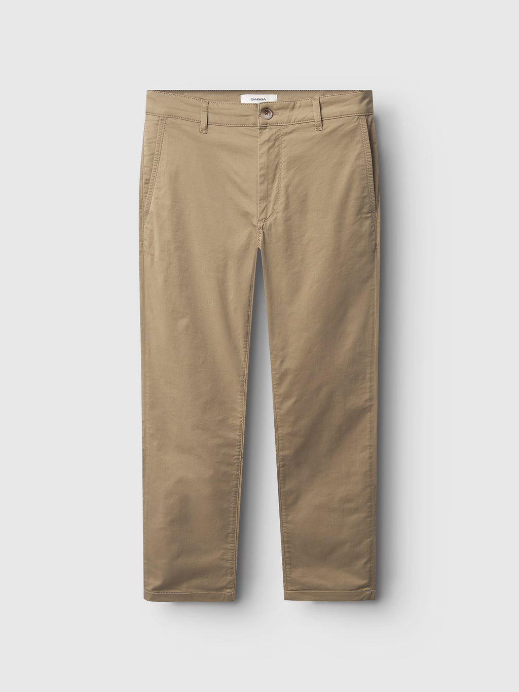 Monza Unite - Sand by Gabba: tan straight-leg chinos with classic silhouette, side pockets, front button, and zipper fly. Shown on a plain white background.