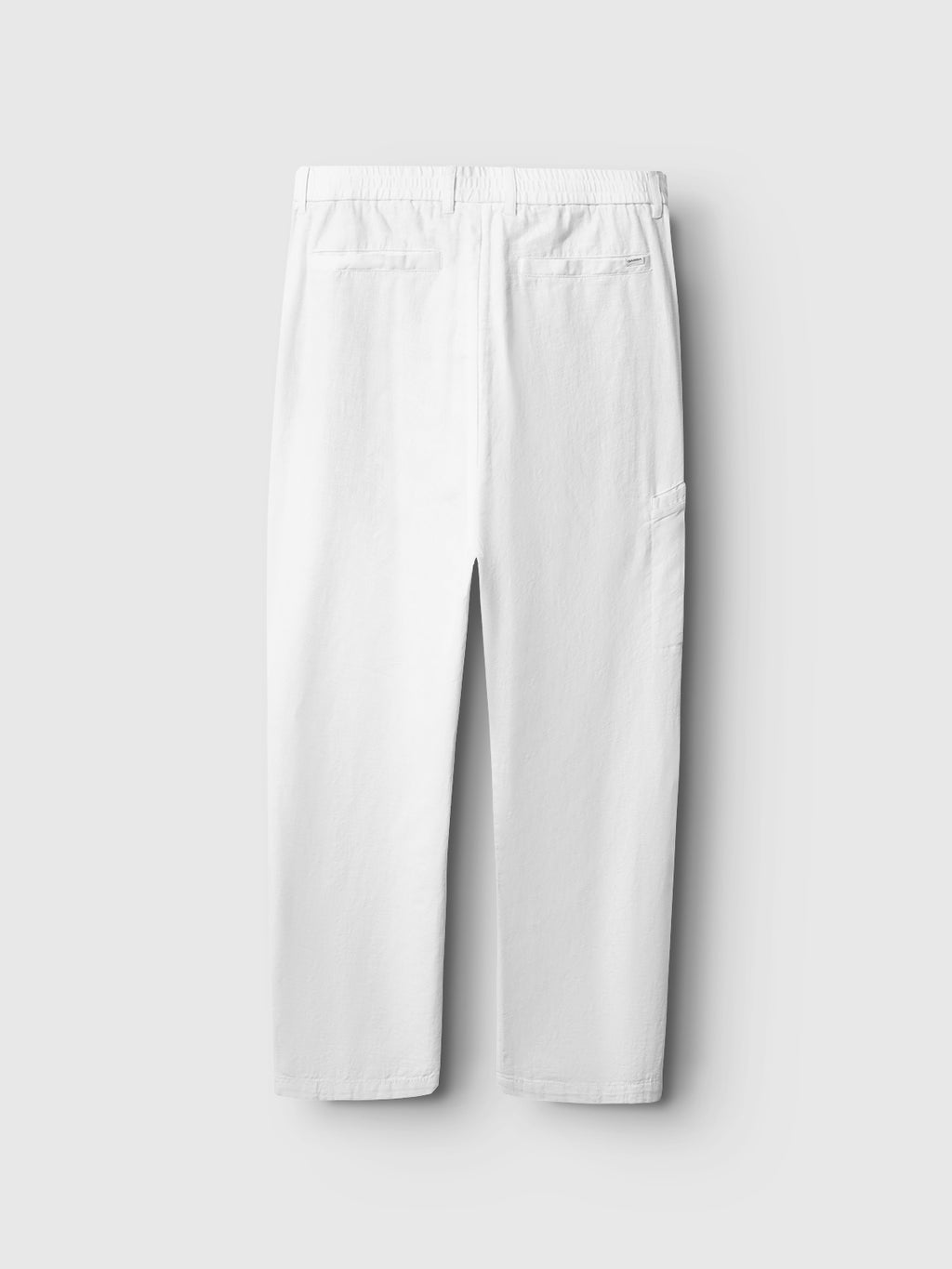 The Gabba Napoli 19 Side Lino - White pant offers a relaxed, straight-leg fit with an elastic waistband, two back pockets, and a side pocket—shown flat on a light gray background for effortless style and comfort.