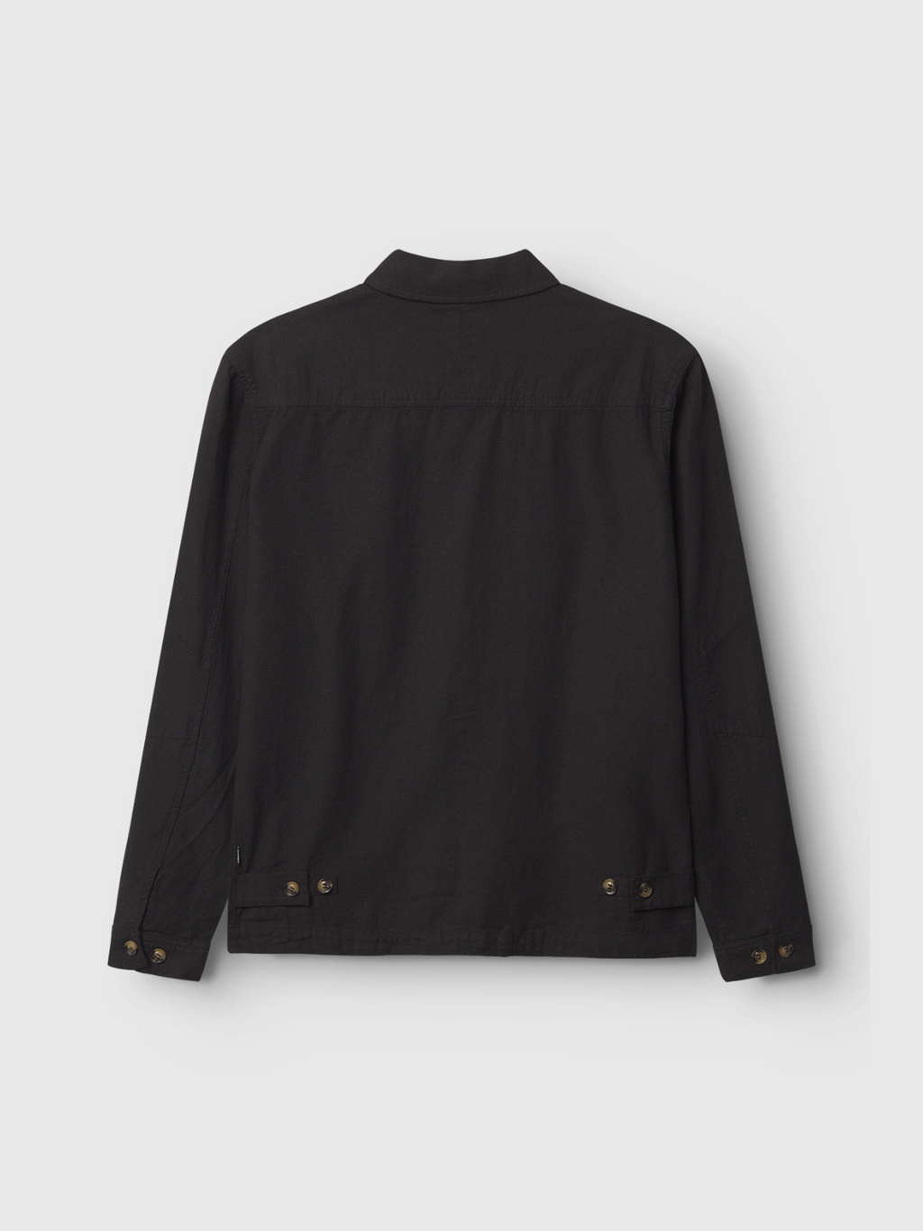The Gabba Peter Lino - Meteorite is a black, long-sleeve linen/cotton overshirt jacket shown from the back, highlighting button details on the cuffs and hem against a plain light background.
