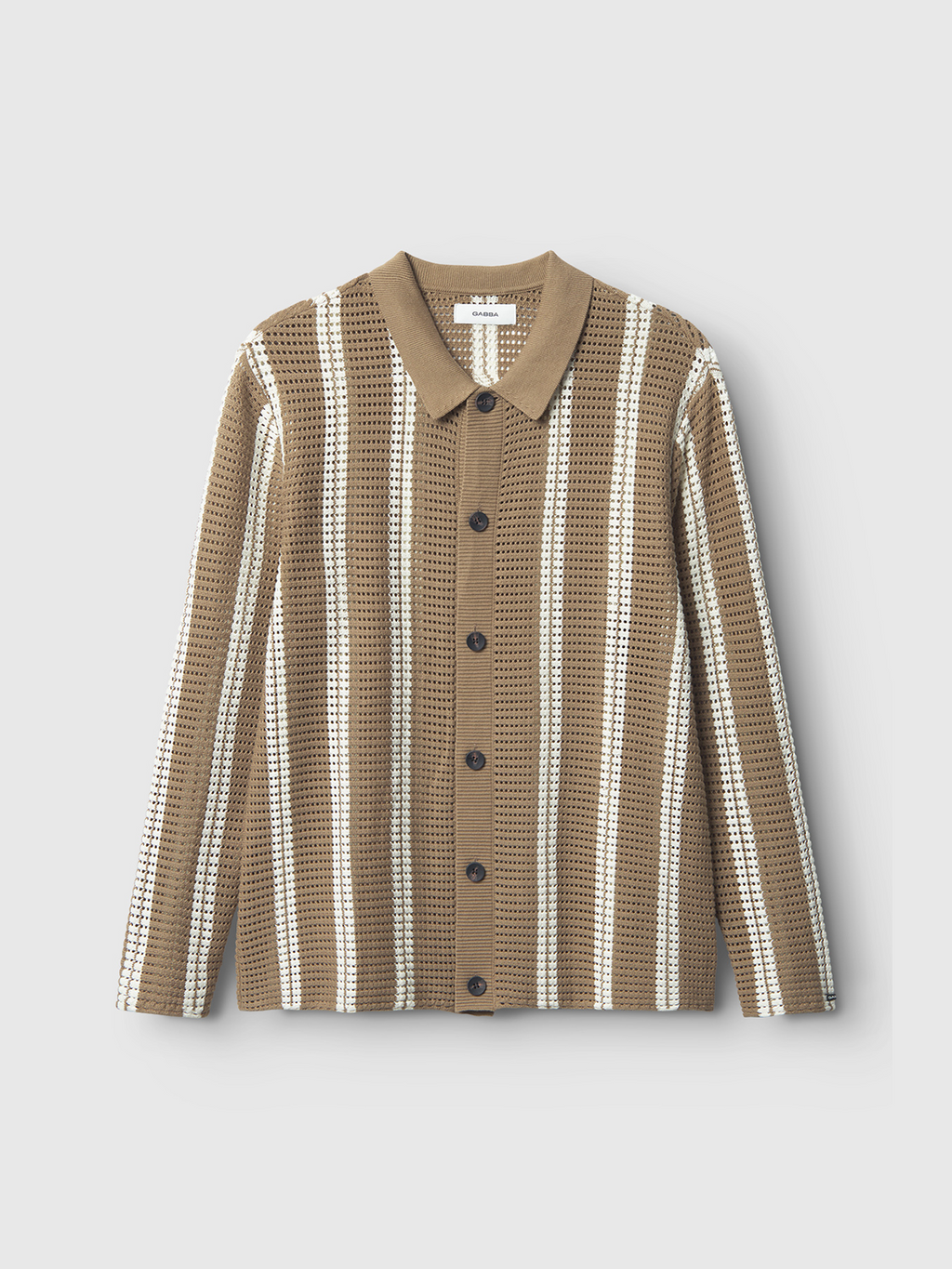 The Gabba Dezz Stripes LS - Brown Stripe is a vintage-inspired, long-sleeve cotton shirt with a waffle texture, featuring vertical brown, beige, and white stripes, a pointed collar, and dark front buttons.