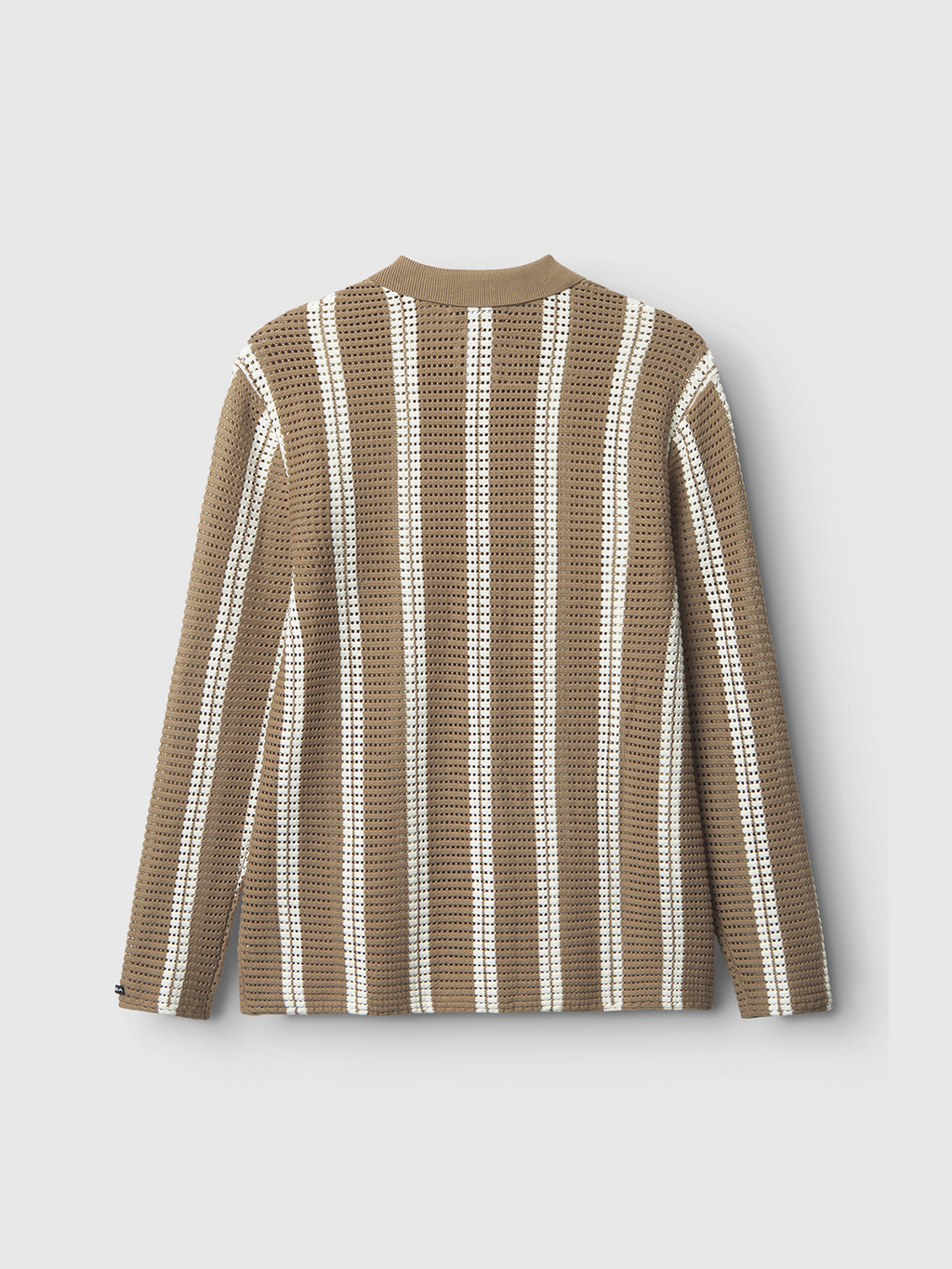The Gabba Dezz Stripes LS in brown stripe showcases vintage style with its long-sleeve, cotton knit and vertical beige and white stripes, displayed from the back on a plain white background.
