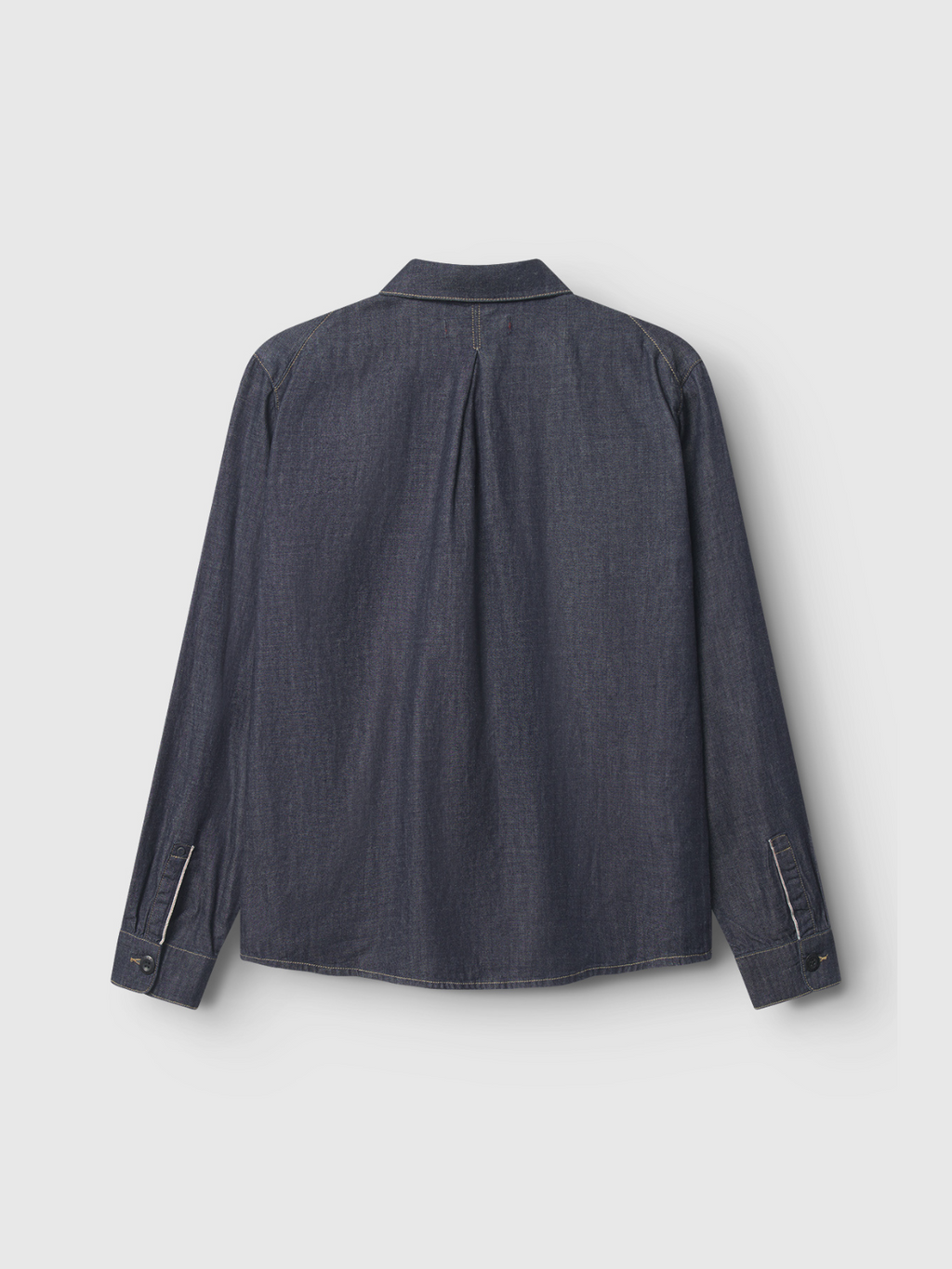The Gabba Jap Beam - Dark Blue Denim shirt, made from cotton, is shown laid flat with its back and features a back yoke, single pleat, and buttoned cuffs—a classic style inspired by the Loomers project.